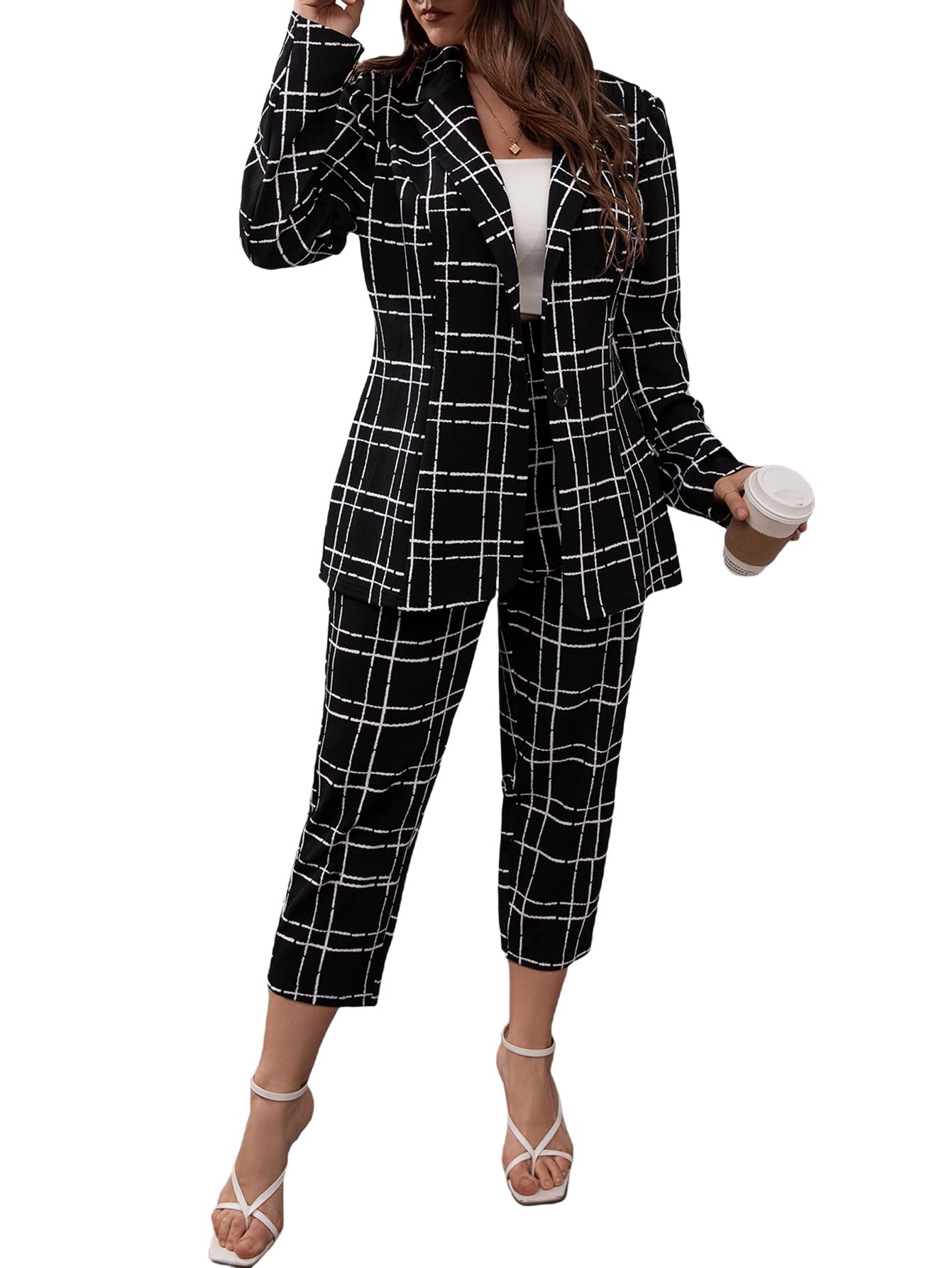 Women's Plus Size 2 Piece Outfit Plaid Button Front Blazer and Pants Set