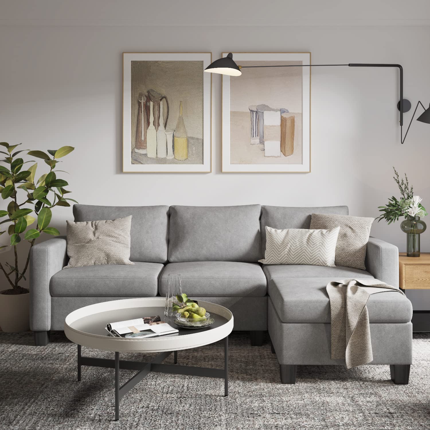 YESHOMY Convertible Sectional Sofa with Comfortable Backrest,L-Shaped Couch with Modern Cotton Fabric for Living Room, Gray