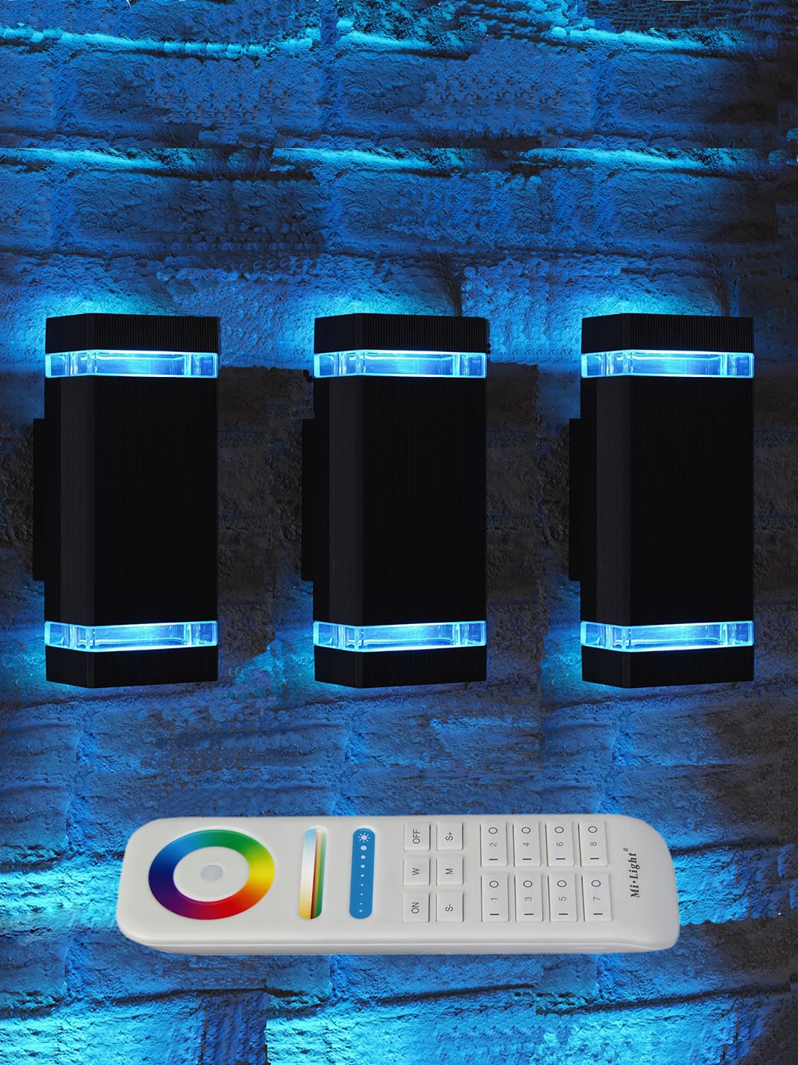 rosykite Mi.Light RF Remote Control RGB Colour Changing Lighting LED Double Up and Down Outdoor Wall Light,White Temperature 2700k- 6500k RGB+CCT Exterior Wall Lighting (3 Pack)