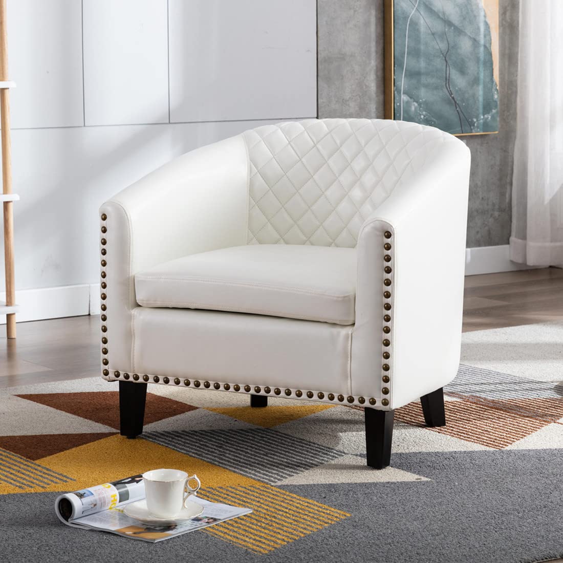 SSLine Modern White Leather Upholstered Accent Arm Chair Soft Barrel Club Chairs for Living Room Comfy Single Sofa Office Guest Chatting Chair with Solid Wood Legs and Nailhead for Bedroom (White)