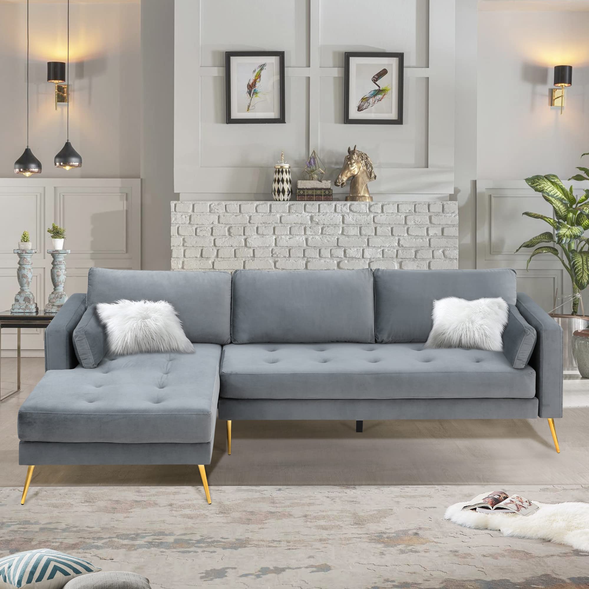 P PURLOVE Sectional Sofa Couch, L-Shape Upholstered Couch with Two Pillows for Living Room Home Furniture, Grey