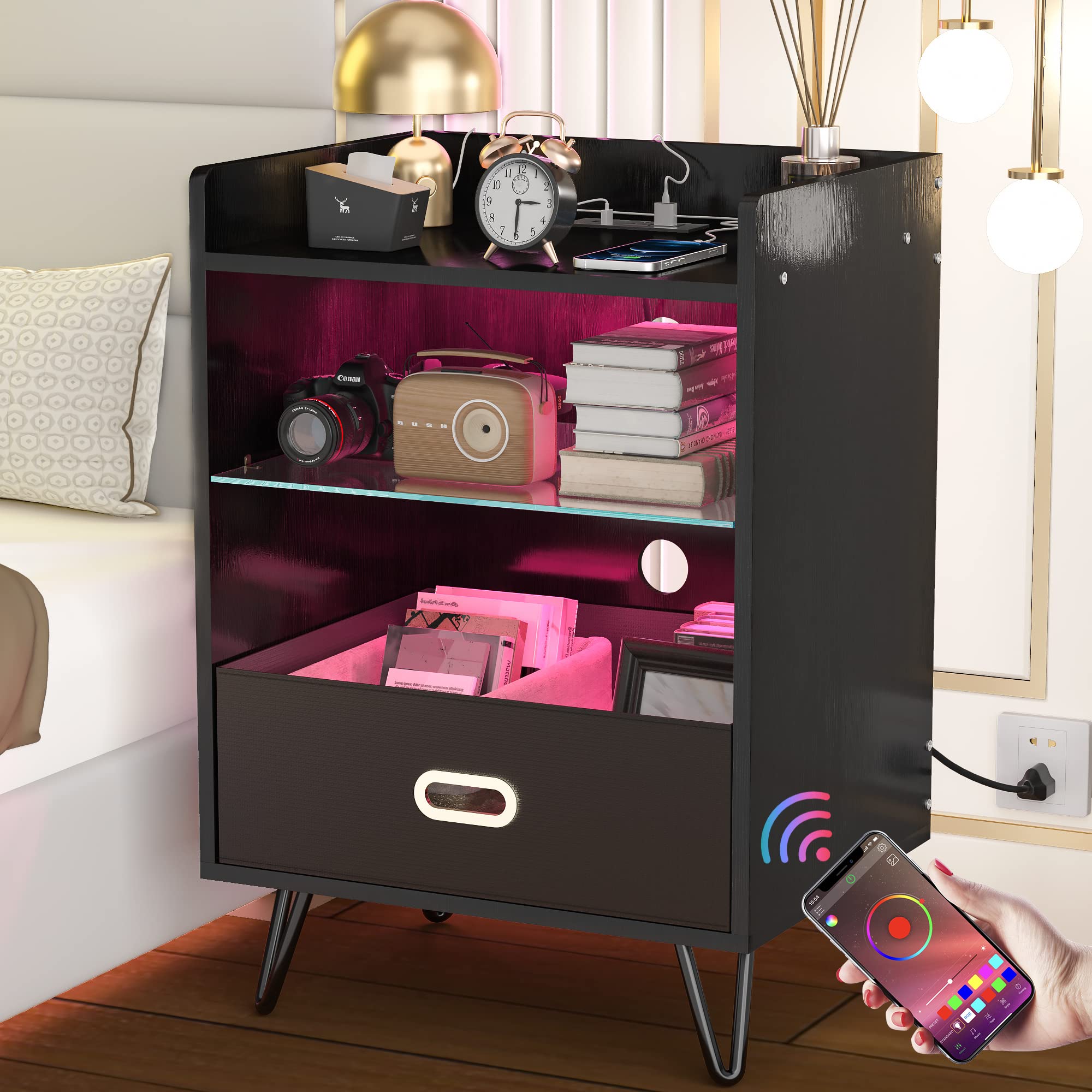 Hasipu Black Tall Smart Nightstand with Charging Station and Drawer for Bedroom,LED Bedside End Table with Storage