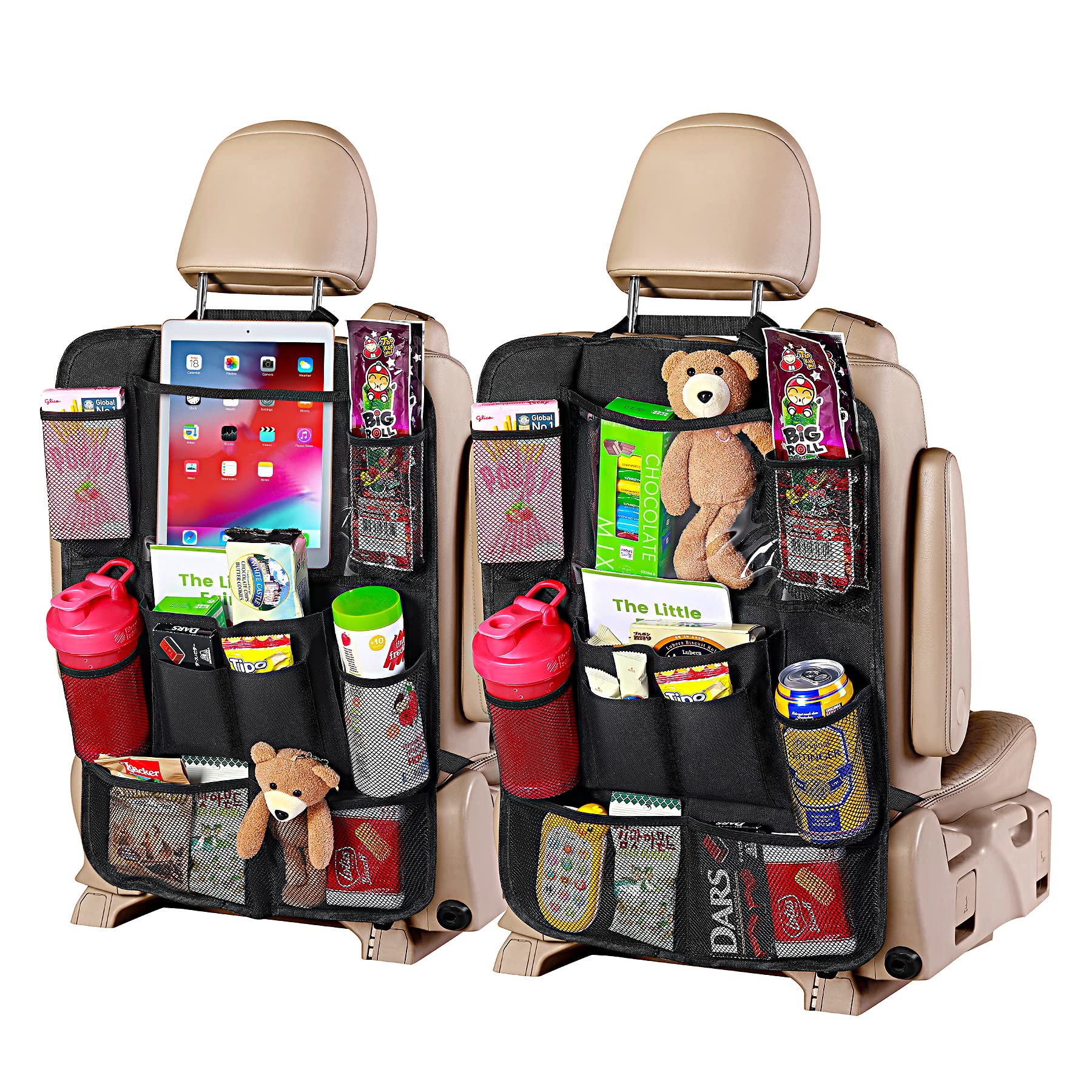 JUSTTOP Black Car Backseat Organizer with Touch Screen Tablet Holder, 9 Storage Pockets Kick Mats Car Seat Back Protectors for Kids Toddlers, Car Travel Accessories, 2 pack