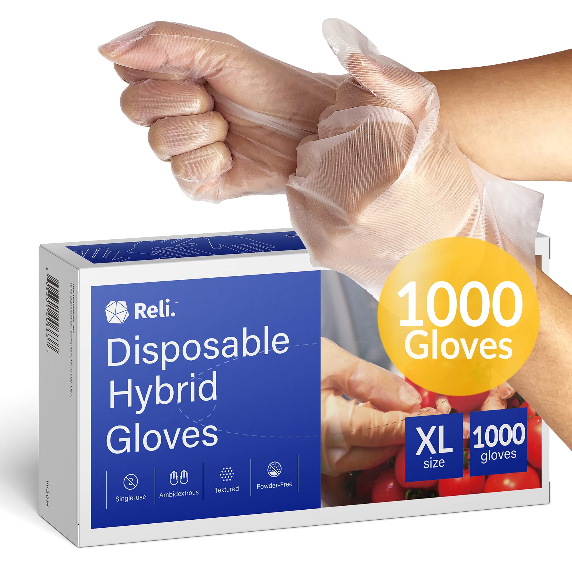 Reli. Disposable Gloves, X-Large (1000 Pack Bulk) (S/M/L/XL Available), Hybrid Plastic Gloves Disposable - Latex Free/Powder Free, Clear Disposable Gloves for Hand Protection/Food Handling (XL)