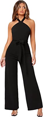 Women's Sleeveless Halter Tied Backless High Waist Belted Wide Leg Pants Elegant Jumpsuit Rompers