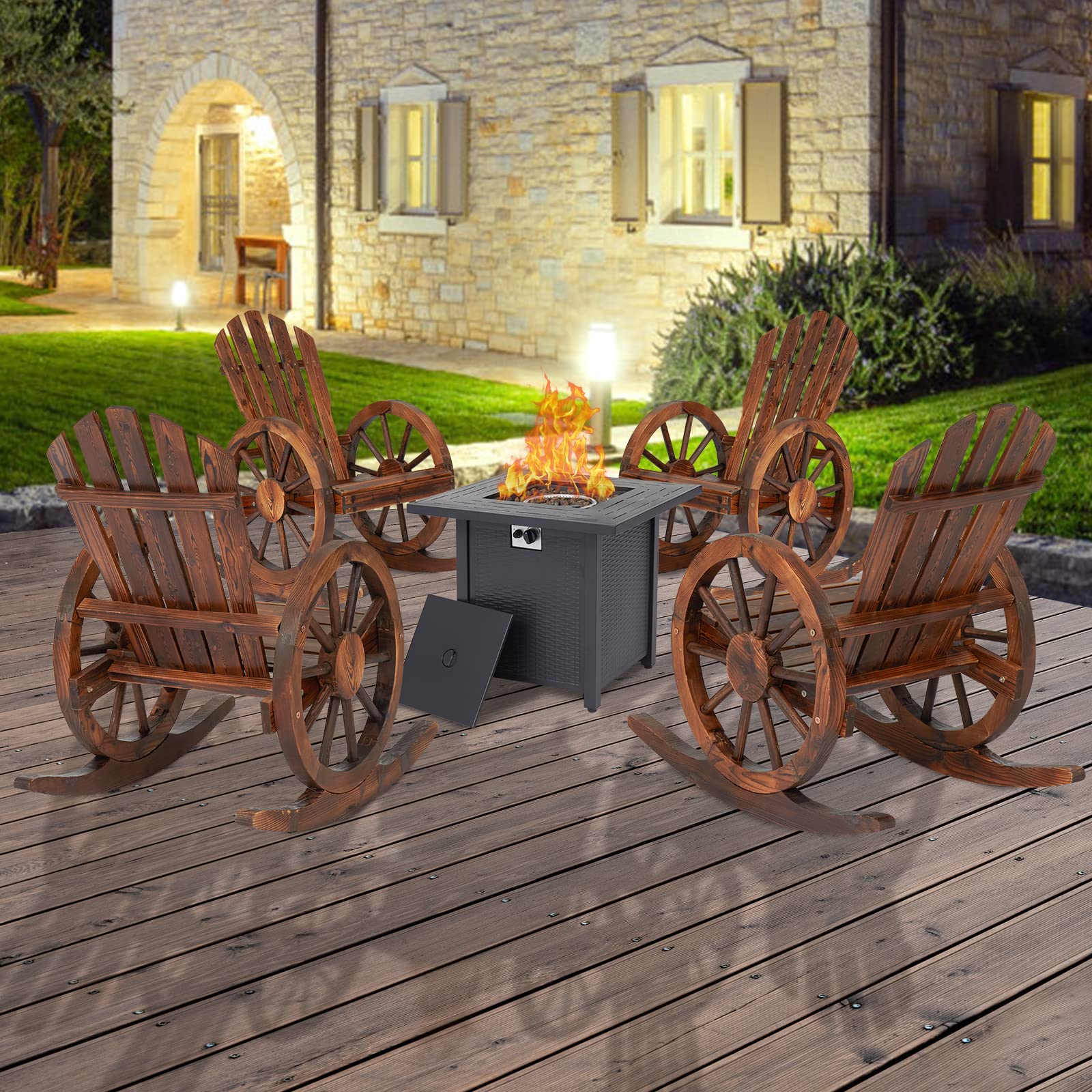 KINTNESS Set of 4 Outdoor Wooden Rocking Chair with 28in Fire Pit Table50000 BTU Auto-Ignition, Patio Furniture Conversation Set for Patio, Lawn, Balcony, Backyard