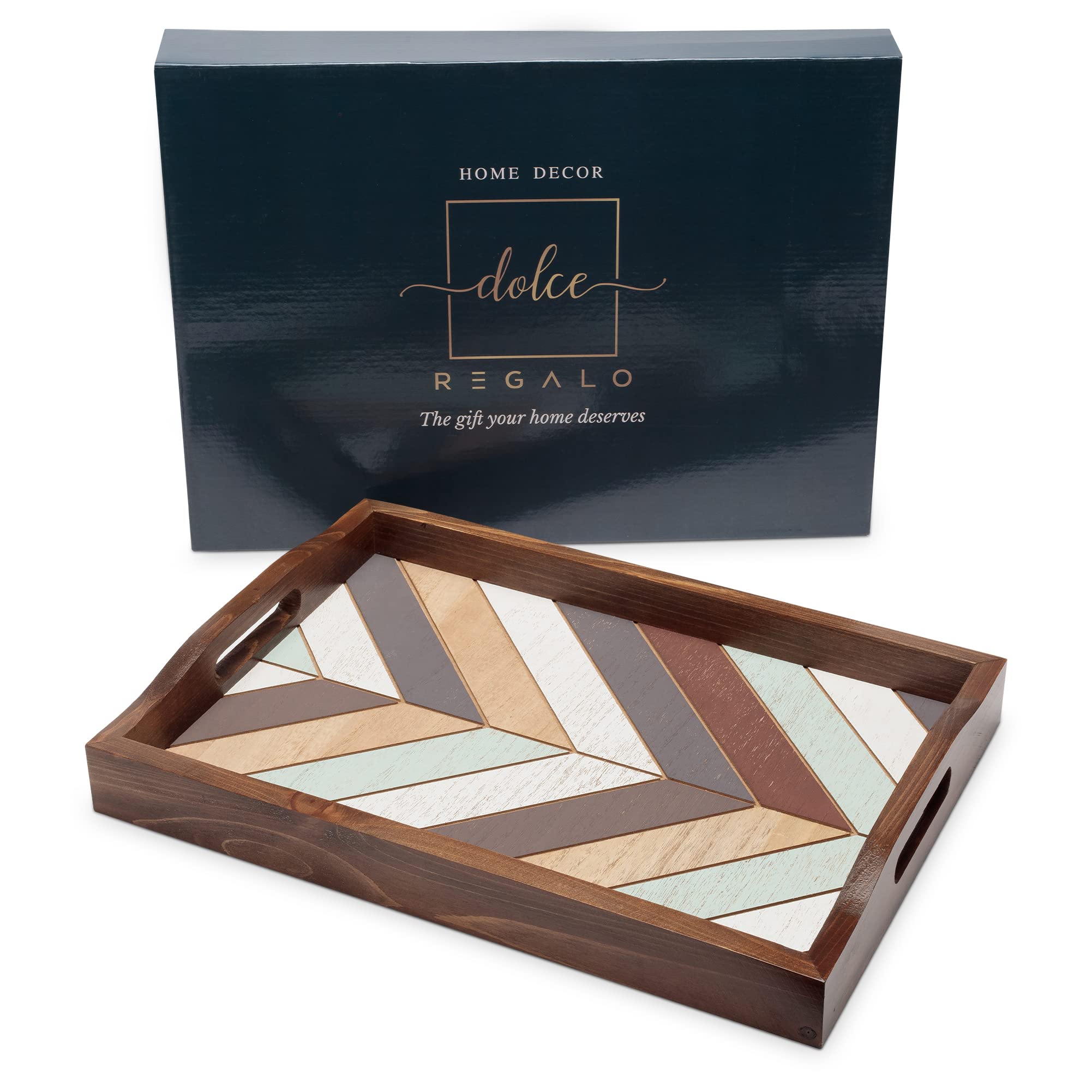 Decorative Wooden Ottoman Serving Tray with Wood Handles | Ideal Centerpiece Farmhouse Trays for Coffee or Dining Table with Beautiful Chevron Design by Dolce Regalo | The Perfect Home Decor Gift
