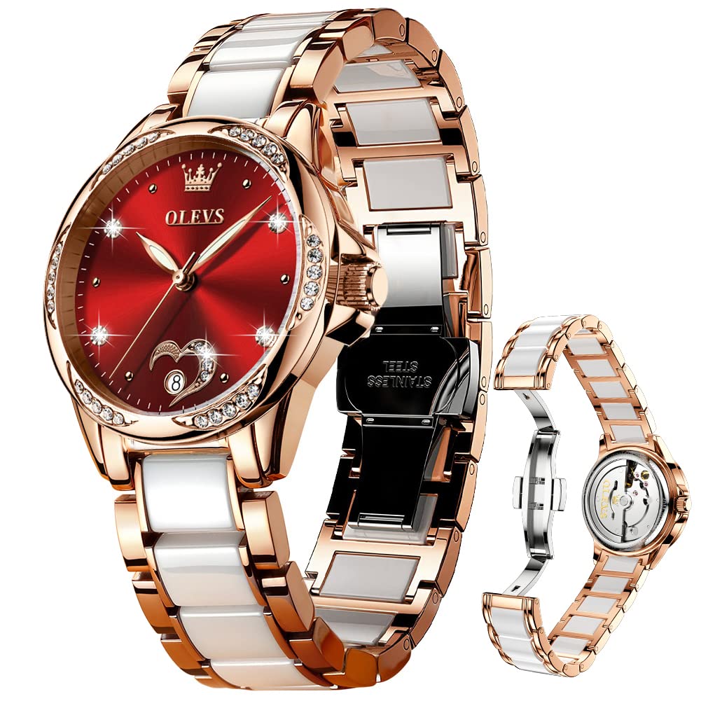 OLEVS Watches for Women Self Winding Automatic Mechanical Ladies Wrist Watch Two Tone Stainless Steel Ceramic Bracelet Heart Diamond Fashion Luminous Waterproof Rose Gold