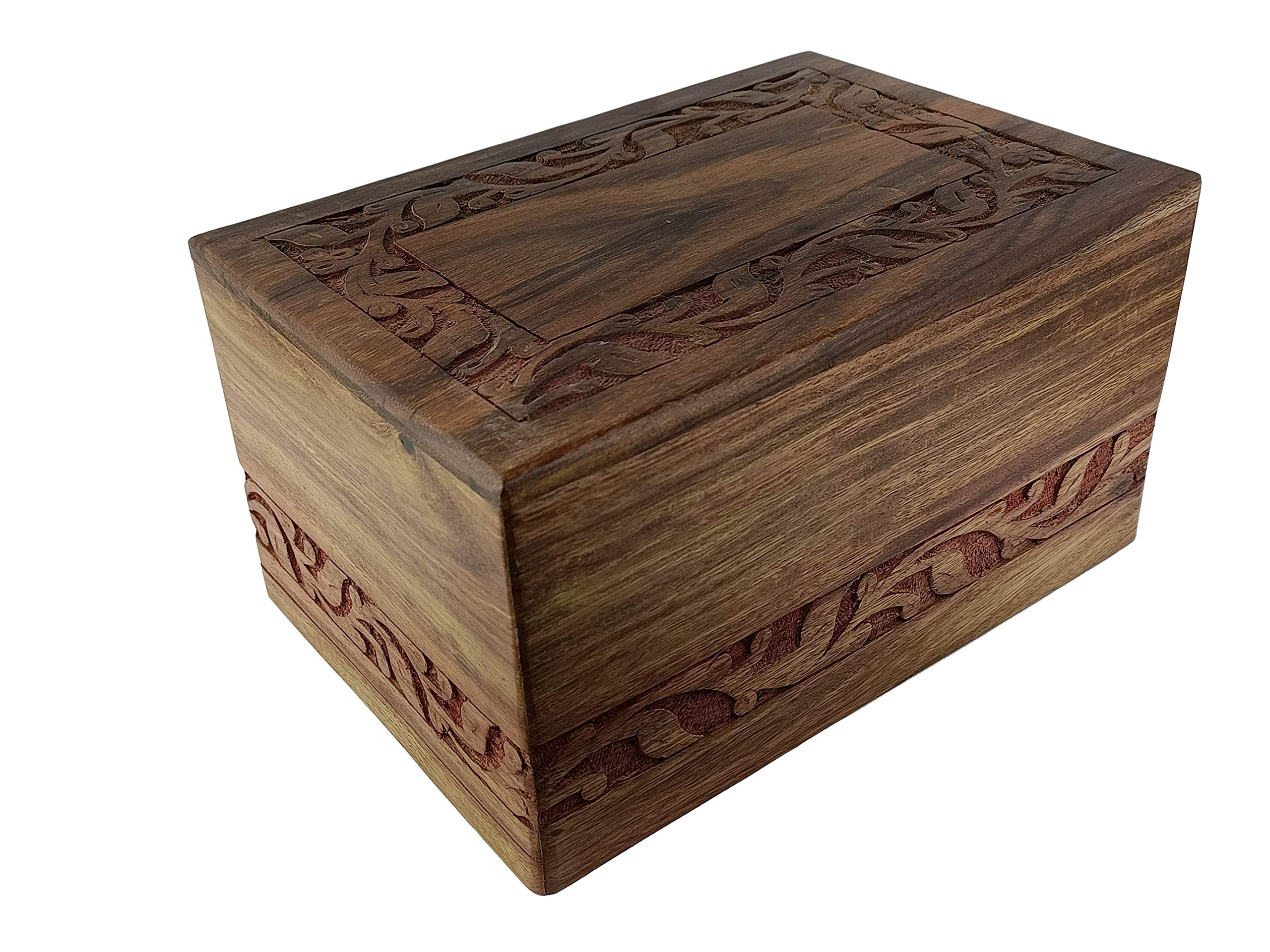 Indian Glance Wooden Urn Box - Urn for Human Ashes Funeral Cremation Urn with Hand Carved Design (Small)