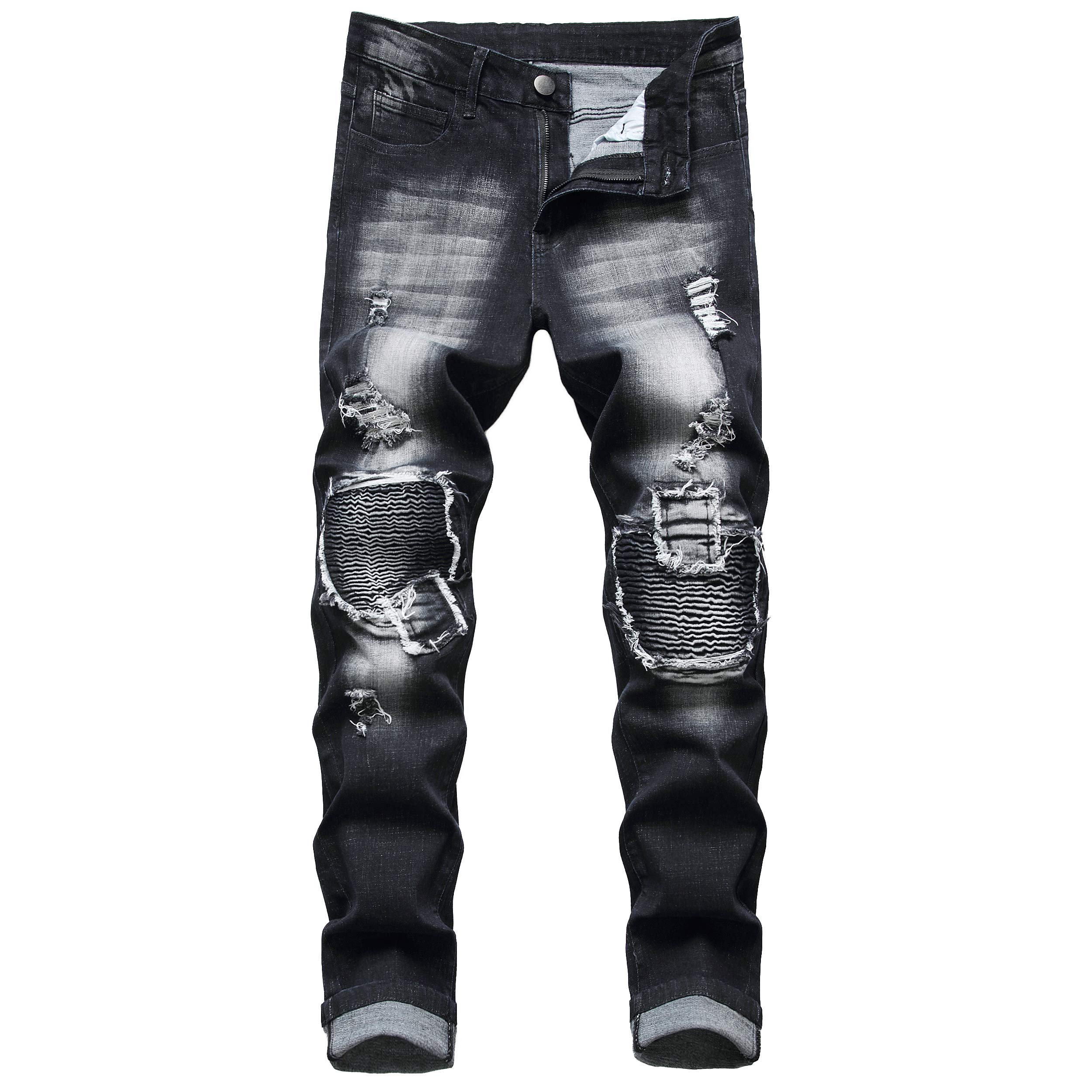 Men's Distressed Slim Fit Biker Jeans Stretched Moto Denim Pants