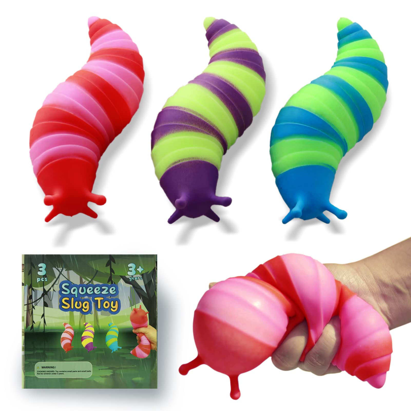 3 Pack Sensory Fidget Slug Toy - Soft Squeeze Slug Toy 3D Fidget Novelty Toy for Kids, CHEROSIN Anti-Anxiety Caterpillar Wiggly Toy for Autistic, Autism, ADHD, Stress Relief Children
