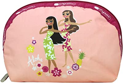 Hula Duo HAWAII EXCLUSIVE Medium Dome Cosmetic Bag/Pouch Style 8170/Color K875, Colorful Hula Girls, Aloha & Hawaii Printed on Front/Back, Pineapples, Flowers, Tropical, Collector's Bag