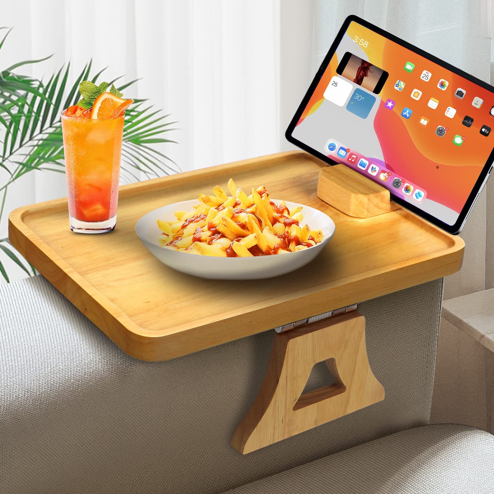 TISEMENT Couch Tray for Wide Sofa, 11.8’’ × 8.7’’ Sofa Arm Tray with 360° Rotating Bracket,Foldable Couch Arm Table for widening Space, Wooden Clip On Sofa Tray for Drinks/Snacks/Fruits