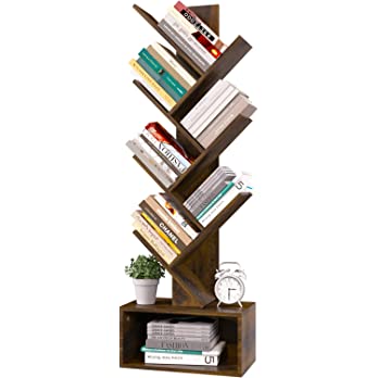          Yoobure Tree Bookshelf - 6 Shelf Retro Floor Standing Bookcase, Tall Wood Book Storage Rack for CDs/Movies/Books, Utility Book Organizer Shelves for Bedroom, Living Room, Home Office, Rustic 