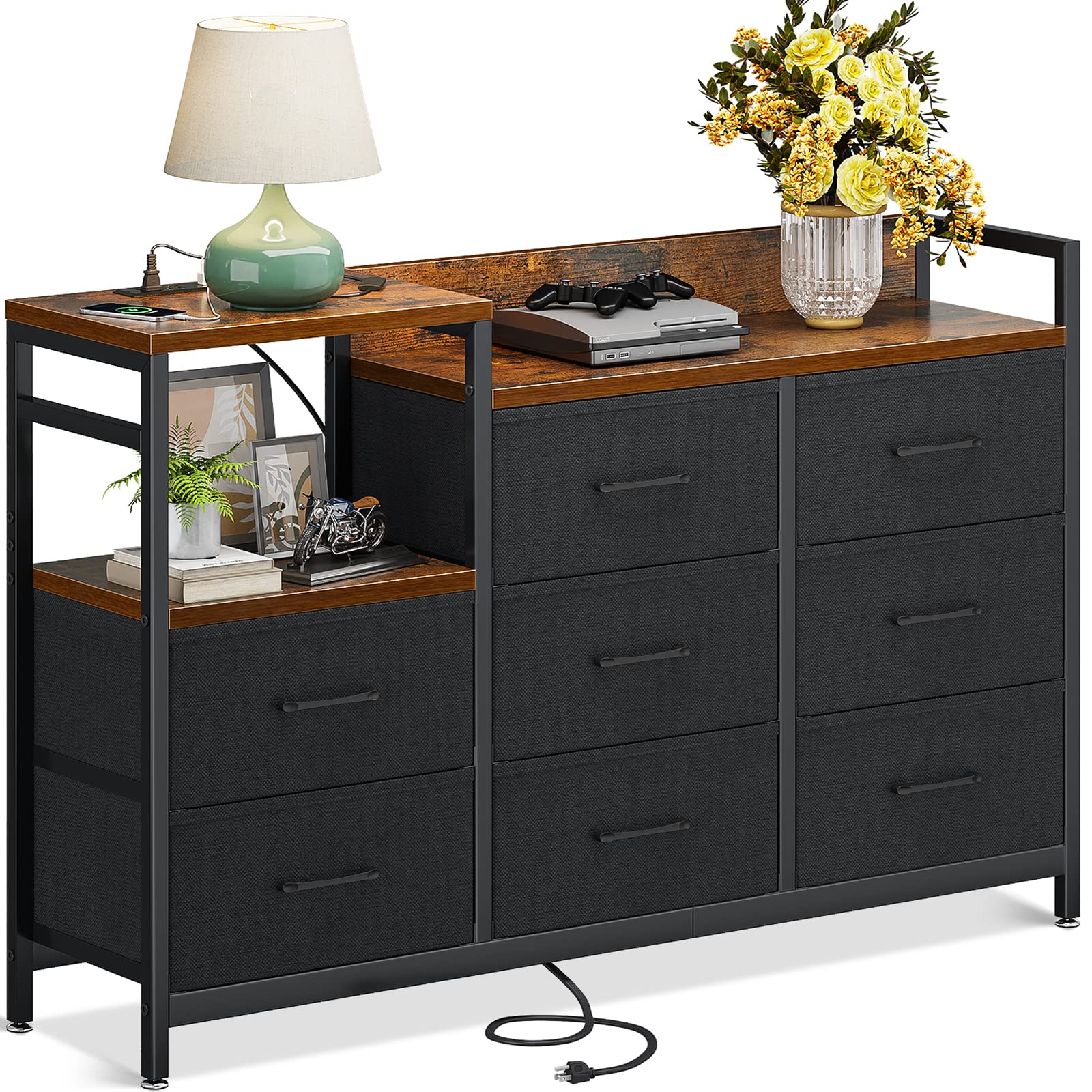 ODK Dresser with 2 Outlets and USB Charging, TV Stand 52''W Larger Dresser for Bedroom with 8 Drawers, Chest of Drawers Easy-Pull Fabric Dressers for Closet, Living Room, Hallway, Sturdy Steel Frame