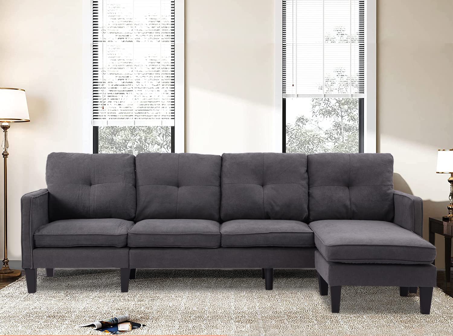 Houjud 93.5" Convertible Sectional Sofa Couch, Modern Linen Fabric L-Shaped Couch 4-Seat Sofa Couch w/Reversible Chaise
