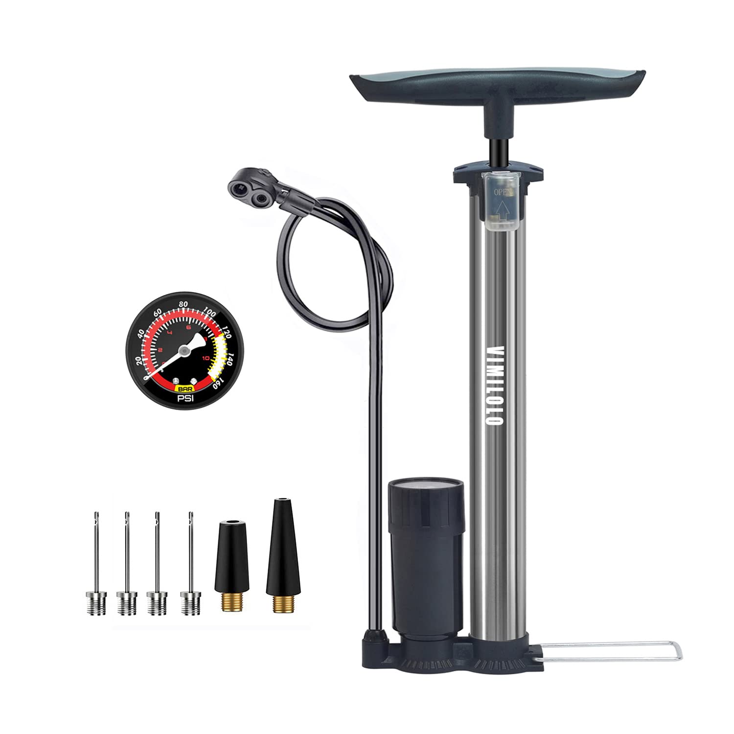 VIMILOLO Bike Pump Portable, Ball Pump Inflator Bicycle Floor Pump with high Pressure Buffer Easiest use with Both Presta and Schrader Bicycle Pump Valves-160Psi Max