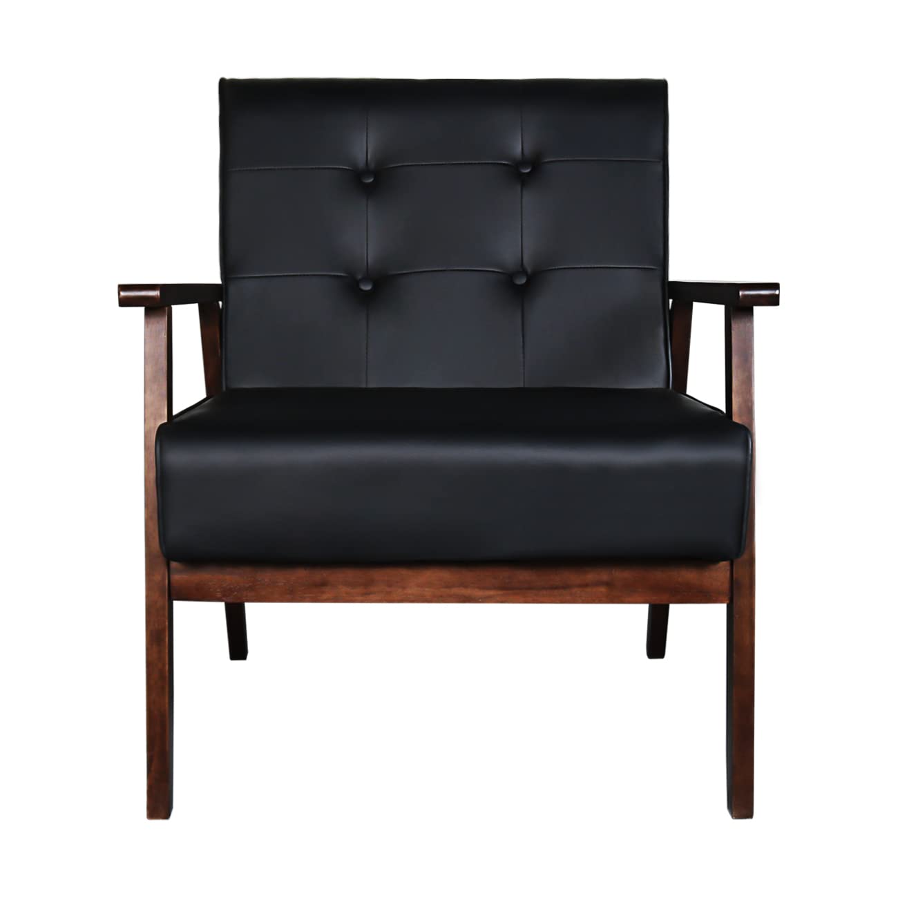 AODAILIHB Modern Leather Wooden Single-Seat Sofa, Accent Armchair Mid-Century Lounge Couch, Durable & Cozy (Black-1, Single)
