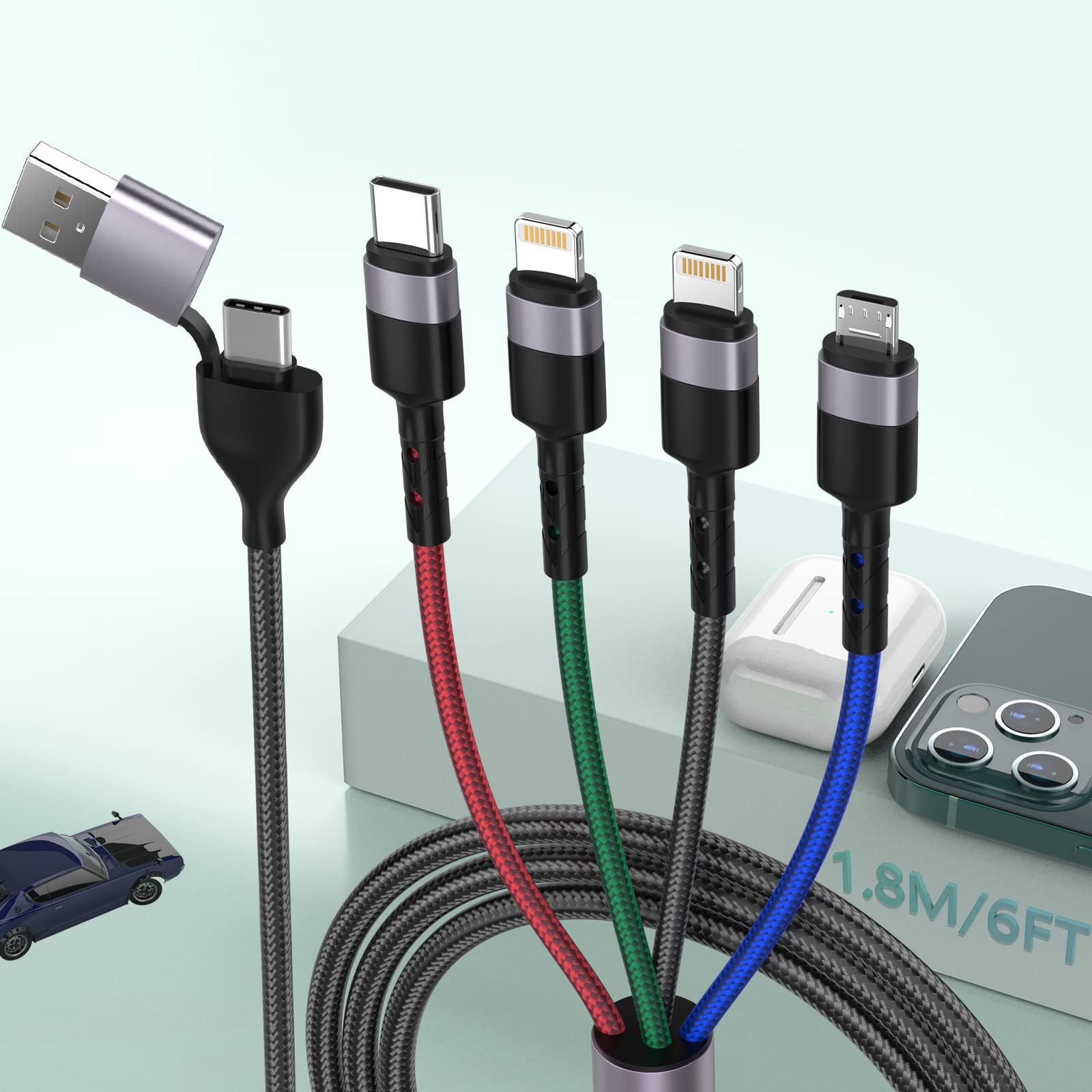 6 in 1 Multi USB Universal 1.8M/6Ft Phone Charging Cable，USB A/Type C to Lightning*2+Type C+Micro USB Nylon Braided Sync Charger Cord Adapter for Android/iPhone/iOS/Samsung/Huawei-Uber Signs for Car