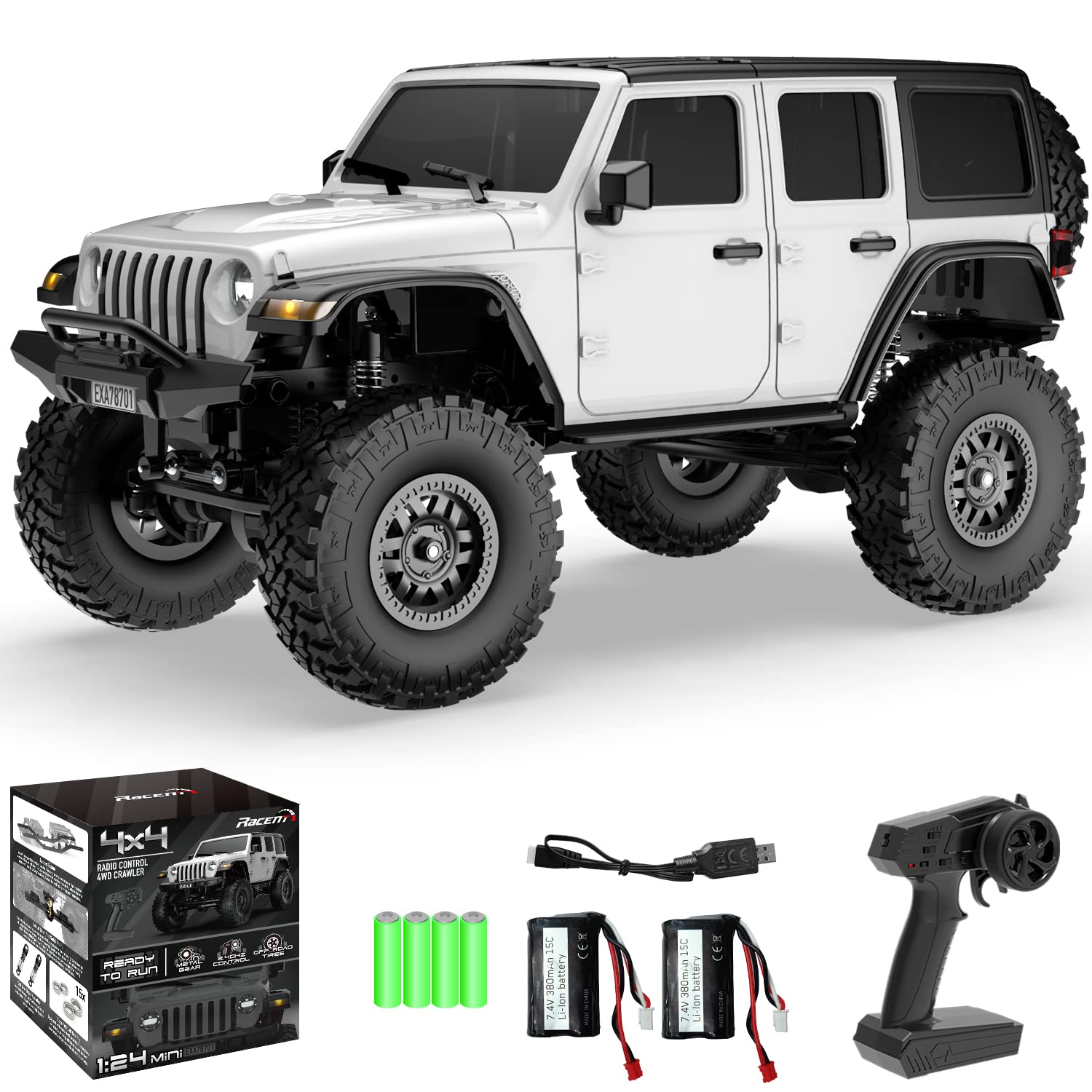 RACENT Rock Crawler RC Truck 4x4 Off Road Crawler Climbing Vehicle All Terrain RC Monster Truck Remote Control Car with Bright Headlight 2 Batteries Waterproof Hobby Toys for Kids (787-1 White)