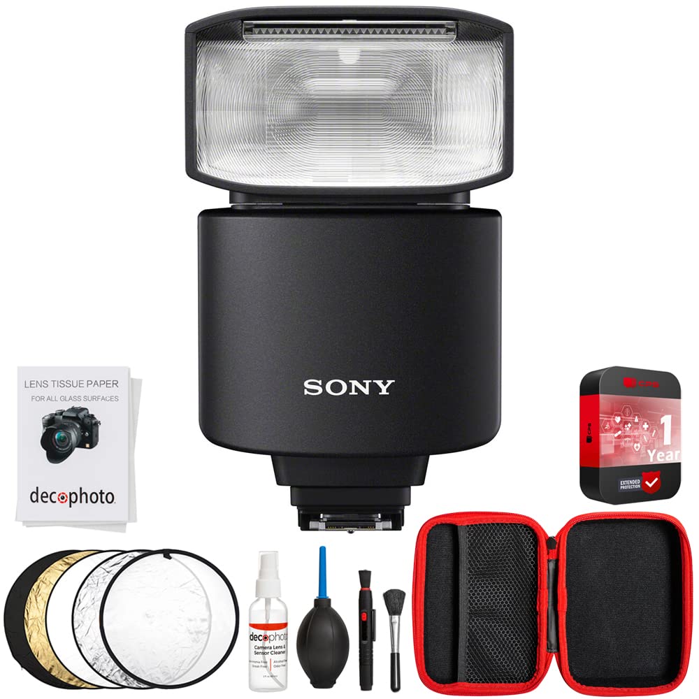 Sony HVL-F46RM Compact Wireless Radio Control External Flash Bundle with Deco Photo All-in-One Cleaning Kit, 5-in-1 Collapsible Multi-Disc Light Reflector and 1 YR CPS Enhanced Protection Pack