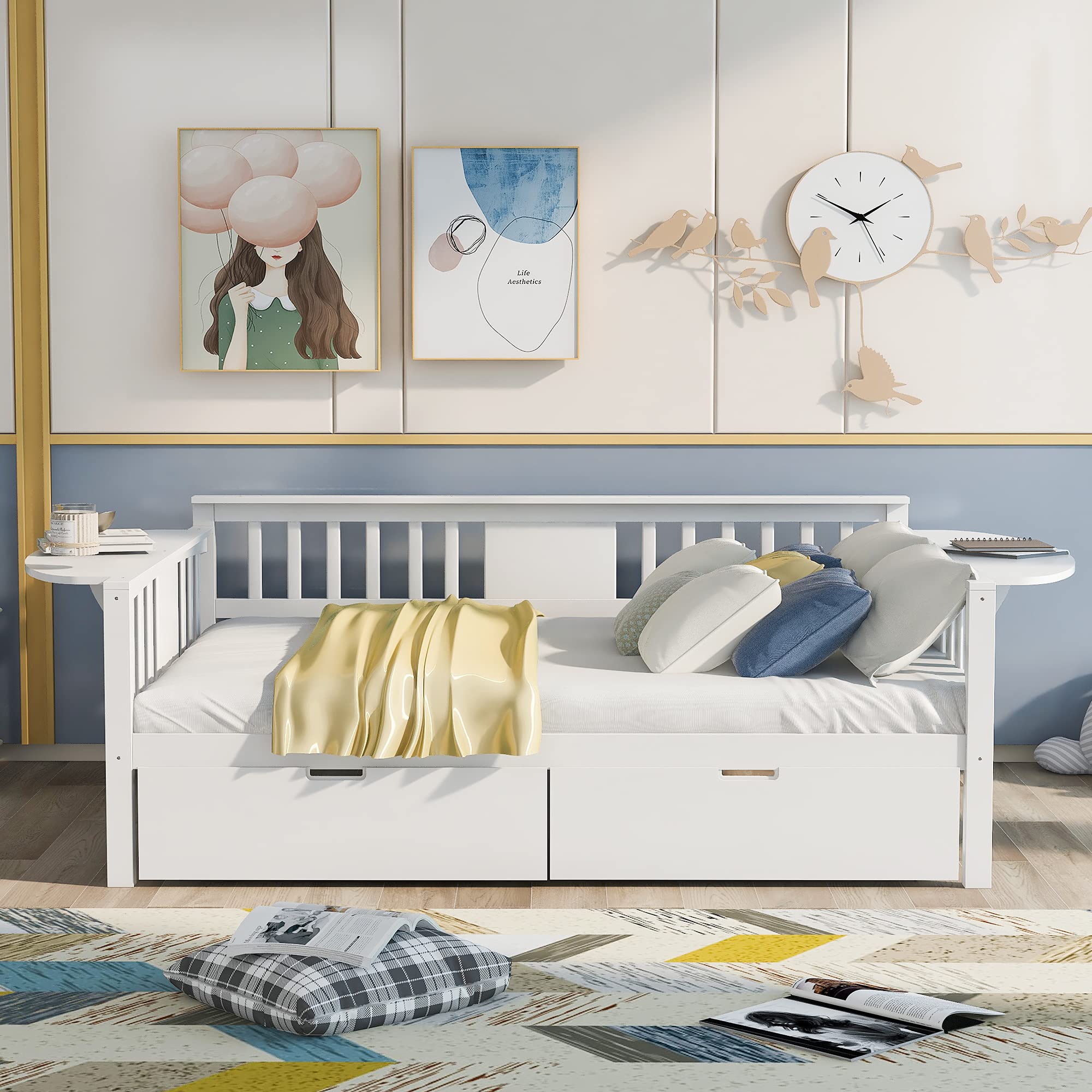 Harper & Bright Designs Daybed with Two Drawers, Wood Full Size Sofa Bed Frame with Small Table, Storage Daybed for Bedroom, Living Room (White,Full with Drawers)