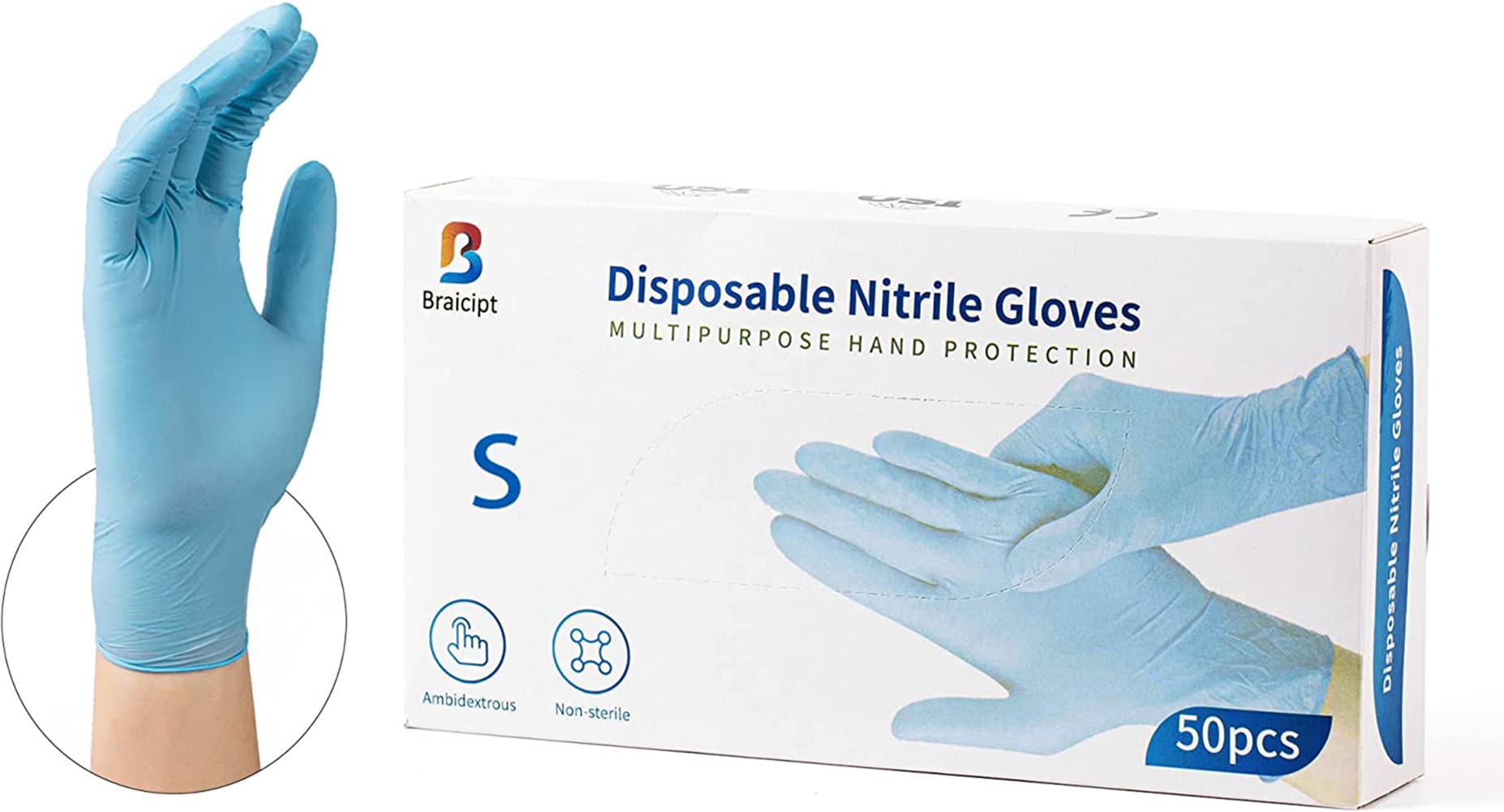Braicipt Nitrile Disposable Safety Protective Gloves, No Powder, No Silica gel, Raised Texture Anti-shedding 50 Gloves