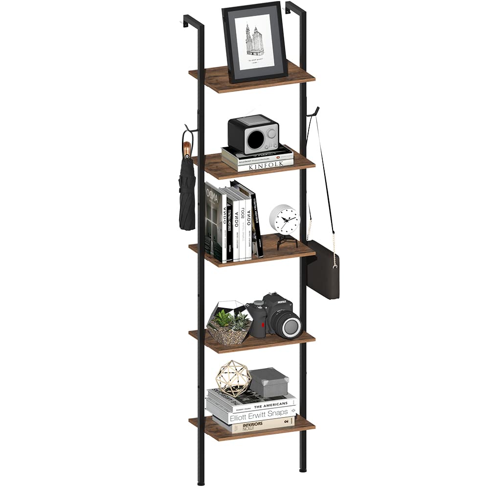 Tohomeor Industrial Bookshelf Wall Mounted 5-Tiers Ladder Shelf Wooden and Metal Bookshelf Open Display Storage Rack for Living Room Bedroom Home Office (Rustic Brown, Small)