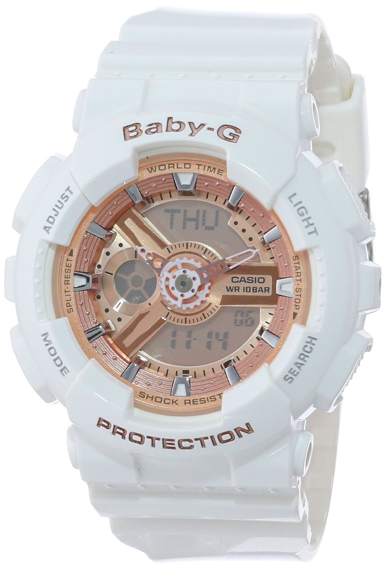 Women's BA-110-7A1CR Baby-G Rose Gold Analog-Digital Watch with White Resin Band