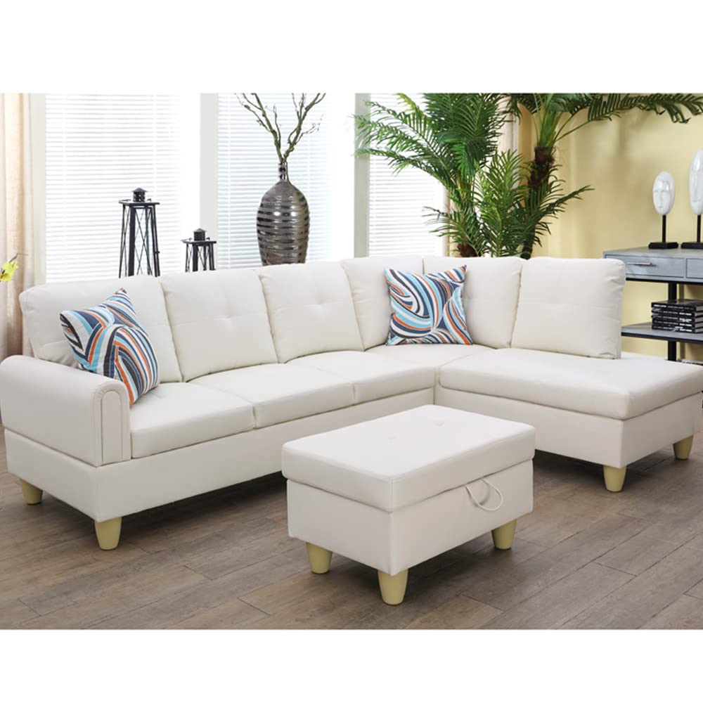GEBADOL 97" Wide Sofa Set 3 Pieces Living Room Furniture Set Faux Leather Solid Wood Frame L-Shaped Couch Chaise and Storage Ottoman for Living Room/Office/Apartment (White/Right-Hand Facing)