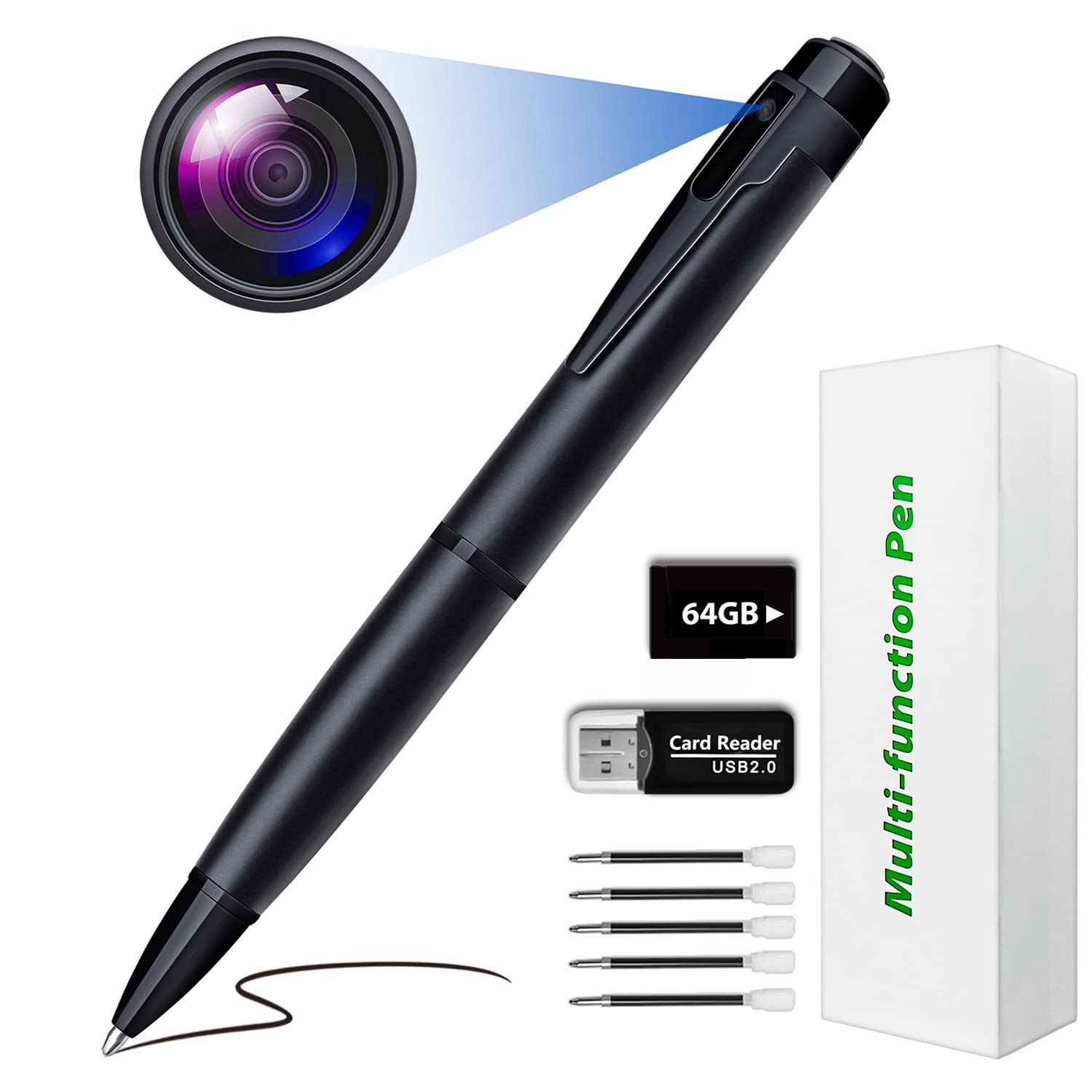 64GB Spy Camera Hidden Camera Pen Full HD 1080P Mini Spy Pen Camera Camcorder with Photo Taking,Nanny Cam Hidden Camera, Small Hidden Camera with Motion Detection for Business Meeting [2022 Version]