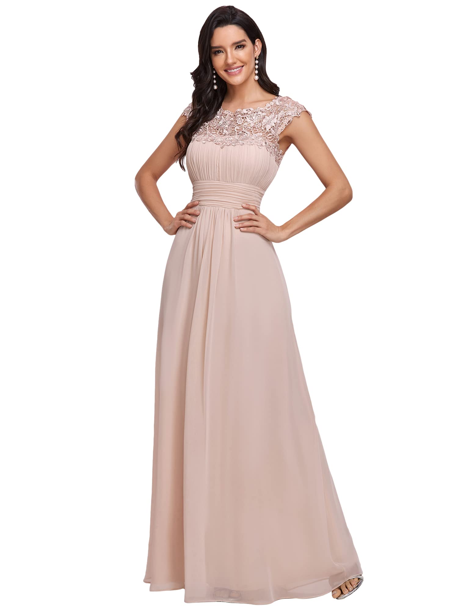 Women's Cap Sleeve Chiffon Neckline Ruched Lace Formal Evening Gowns 09993