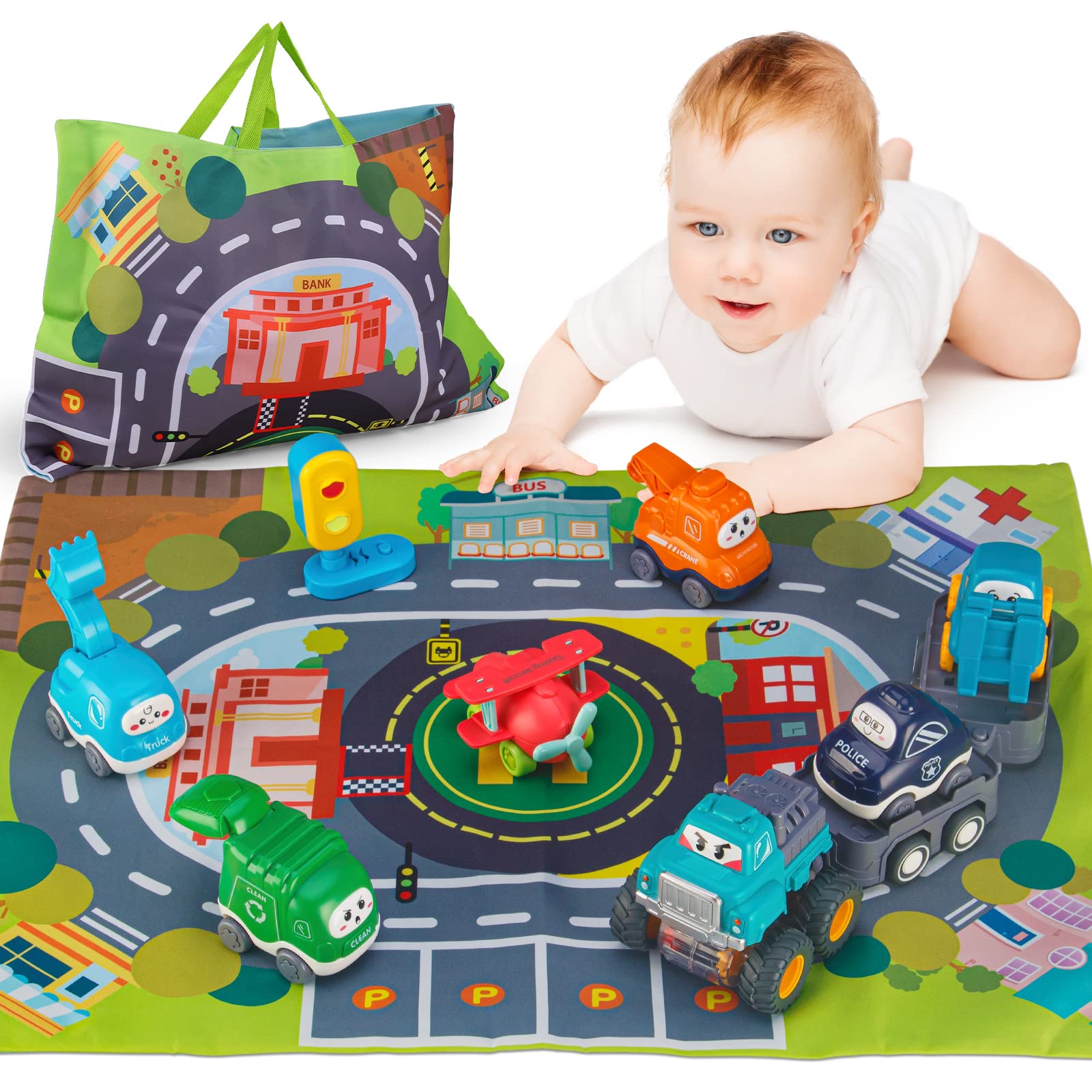 ALASOU Baby Truck Car Toy with Tractor-Trailor and Playmat/Storage Bag(6 Sets)|Baby Toys 12-18 Months|Infant Toys for 1 2 3 Year Old Boy and Girl|1st Birthday Gifts for Toddler Toys Age 1-2