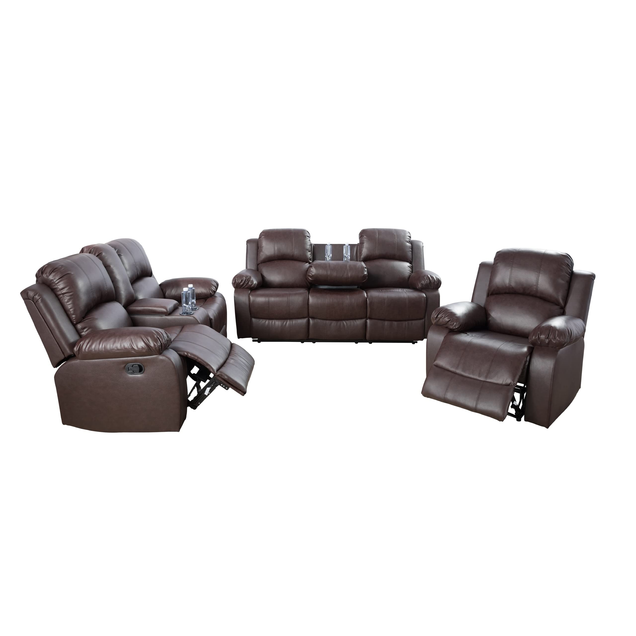Star Home Living Exodus Reclining Sofa+Loveseat+Chair Living Room Set-PU Leather, Brown