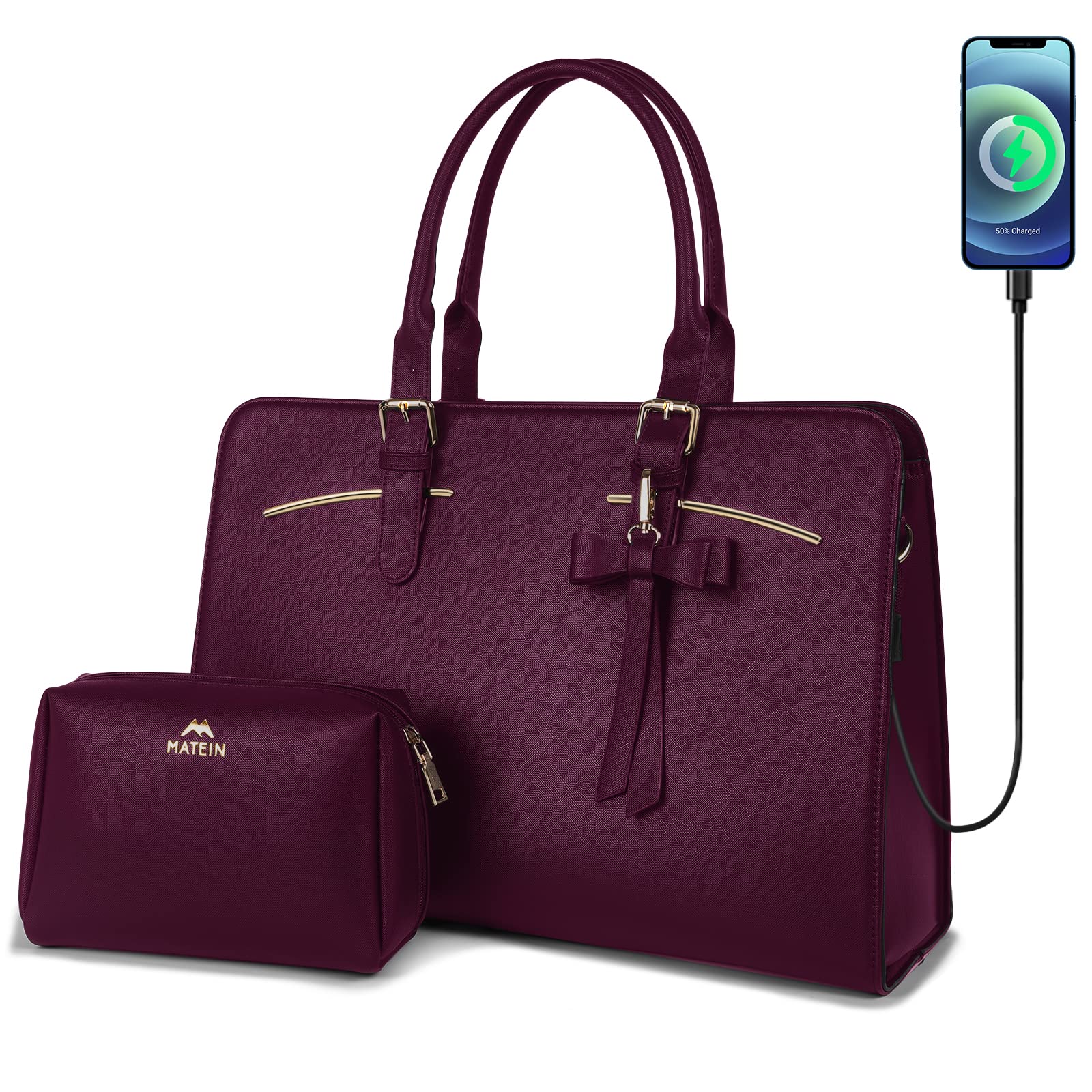 Laptop Bag for Women, Large Laptop briefcase for 15.6 Inch Computer Waterproof PU Leather Shoulder Bag with USB Charging Port, Fashion Business Office Work Tote Bag Handbag Purse 2pcs Set, Dark Purple