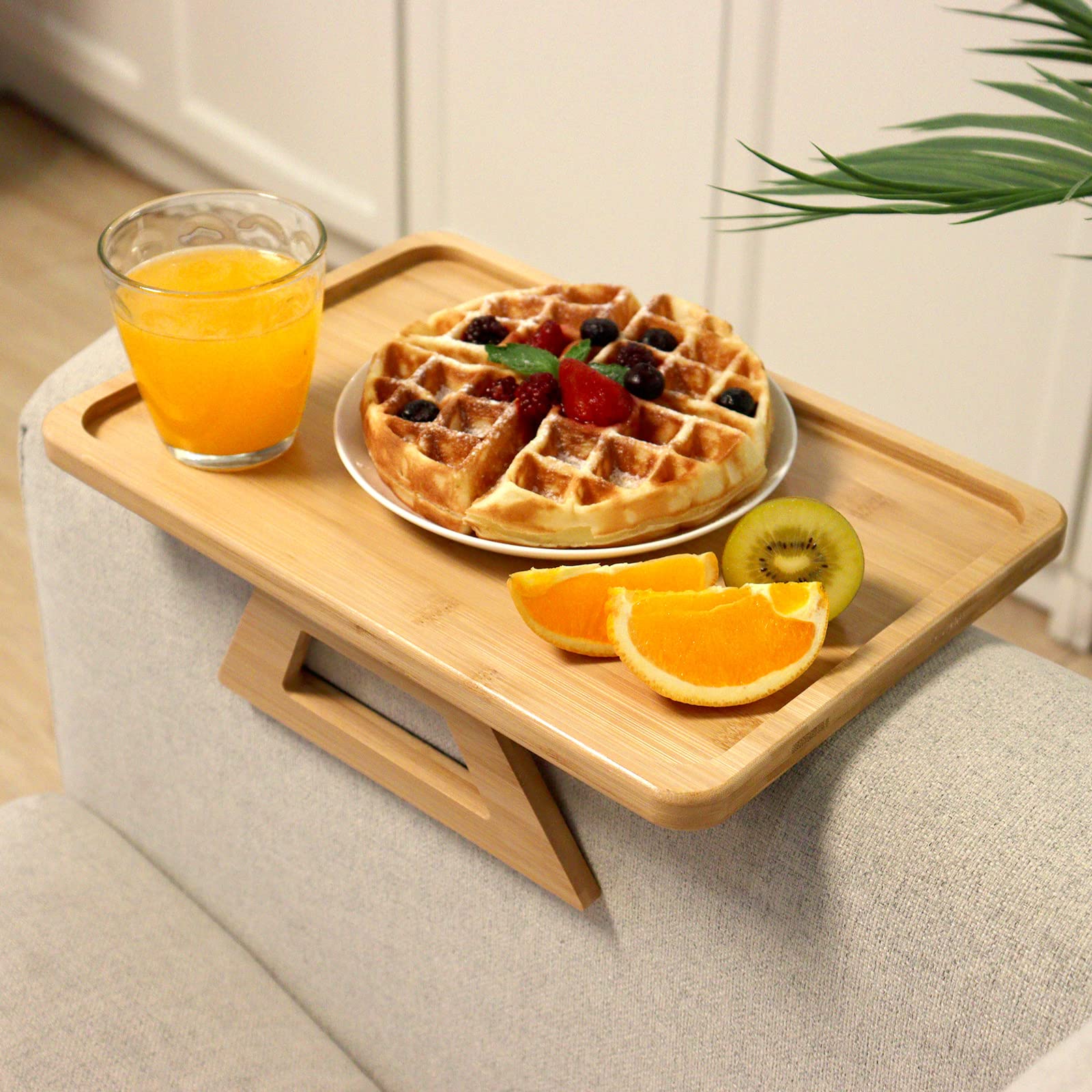 Clip On Tray Sofa Table for Wide Couches Arm. Couch Arm Tray Table, TV Table and Side Tables for Small Spaces. Foldable Couch Tray, Stable Bamboo Sofa Arm Table for Eating and Drink Table (Natural)…