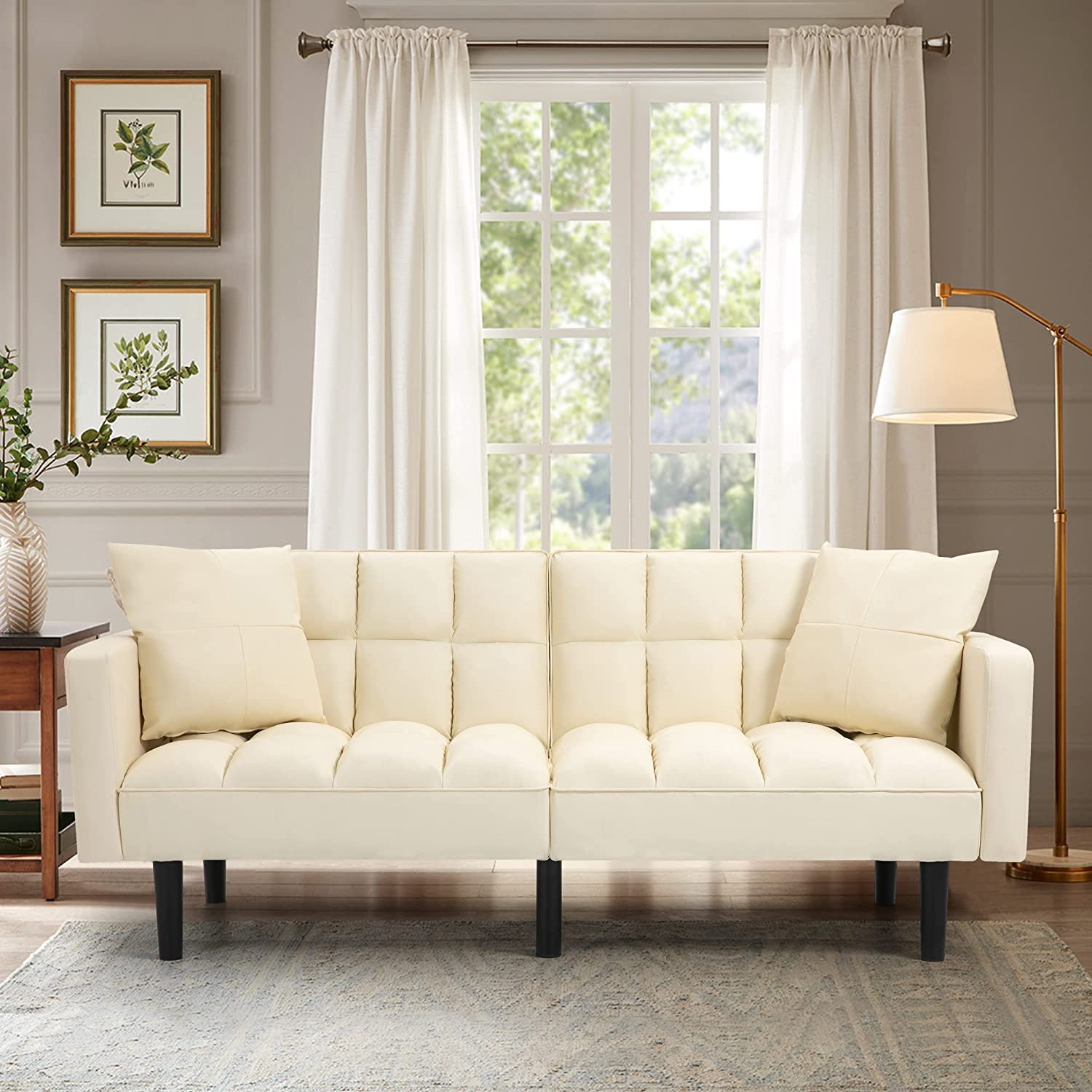 AVAWING Futon Sofa Bed, Modern Leather Convertible Sofa Bed, Upholstered Sleeper Sofa Couch Bed with Adjustable Back, Arms and High Strength Nylon Legs for Living Room, Apartment, Office, Beige