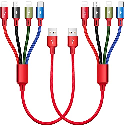 Short Multi Charging Cable 3A Minlu 4 in 1 Multiple USB Fast Charger Cord with Dual Phone/USB-C/Micro-USB Port for Cell Phones/Tablets/Samsung Galaxy/Google Pixel/Sony/LG/Huawei/HTC/OnePlus(1Ft/2Pack)