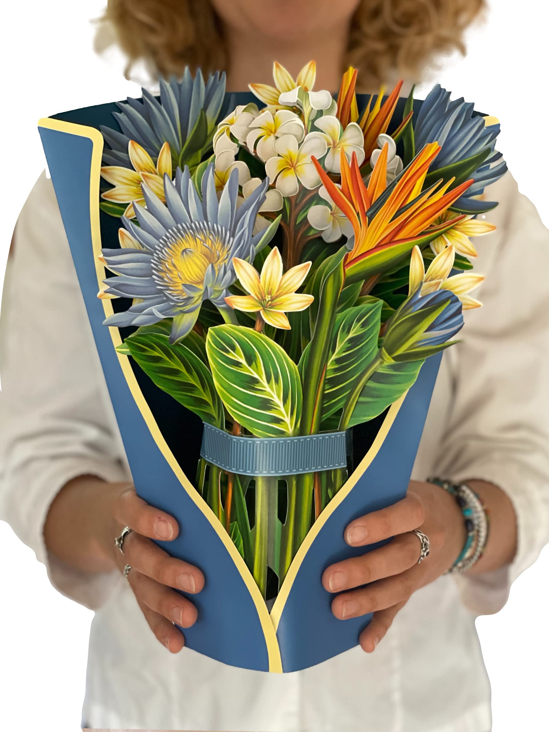 Freshcut Paper Pop Up Cards, Tropical Bloom, 12 inch Life Sized Forever Flower Bouquet 3D Popup Greeting Cards with Note Card and Envelope - Birds of Paradise & Lotus Blossom Flowers