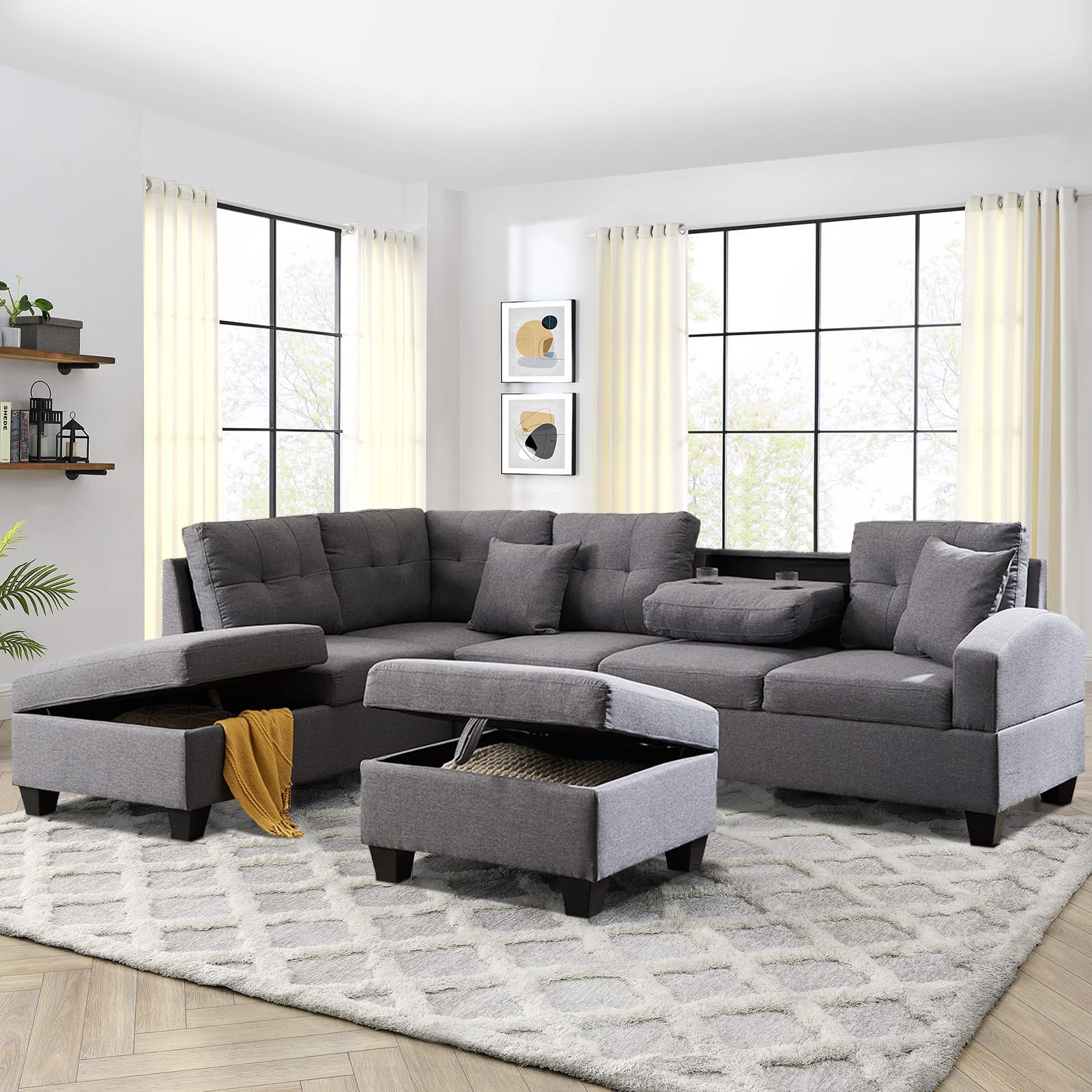 FCNEHLM Sectional Couches for Living Room, L Shaped Sectional Sofa with Storage Chaise, Ottoman and Cup Holders, 3-Piece Fabric Living Room Furniture Sets Couch, Suitable for Living Room, Apartment