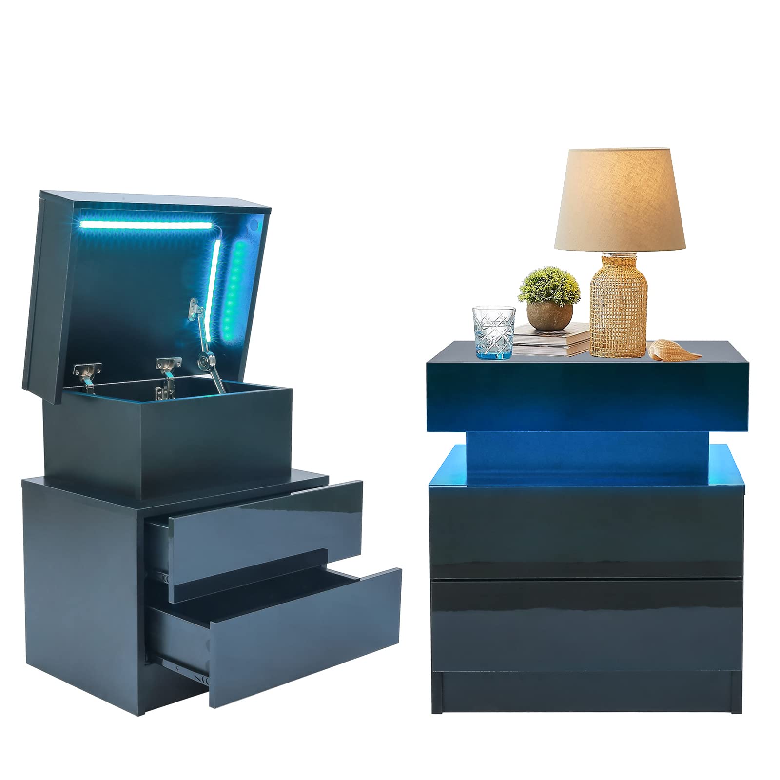 LED Nightstand with 2 Drawers, Bedside Table with High Gloss Drawers for Bedroom Furniture,Bed Side Table with Flip-Top Hidden Storage Space, Modern Black Nightstand for Small Space (Black)