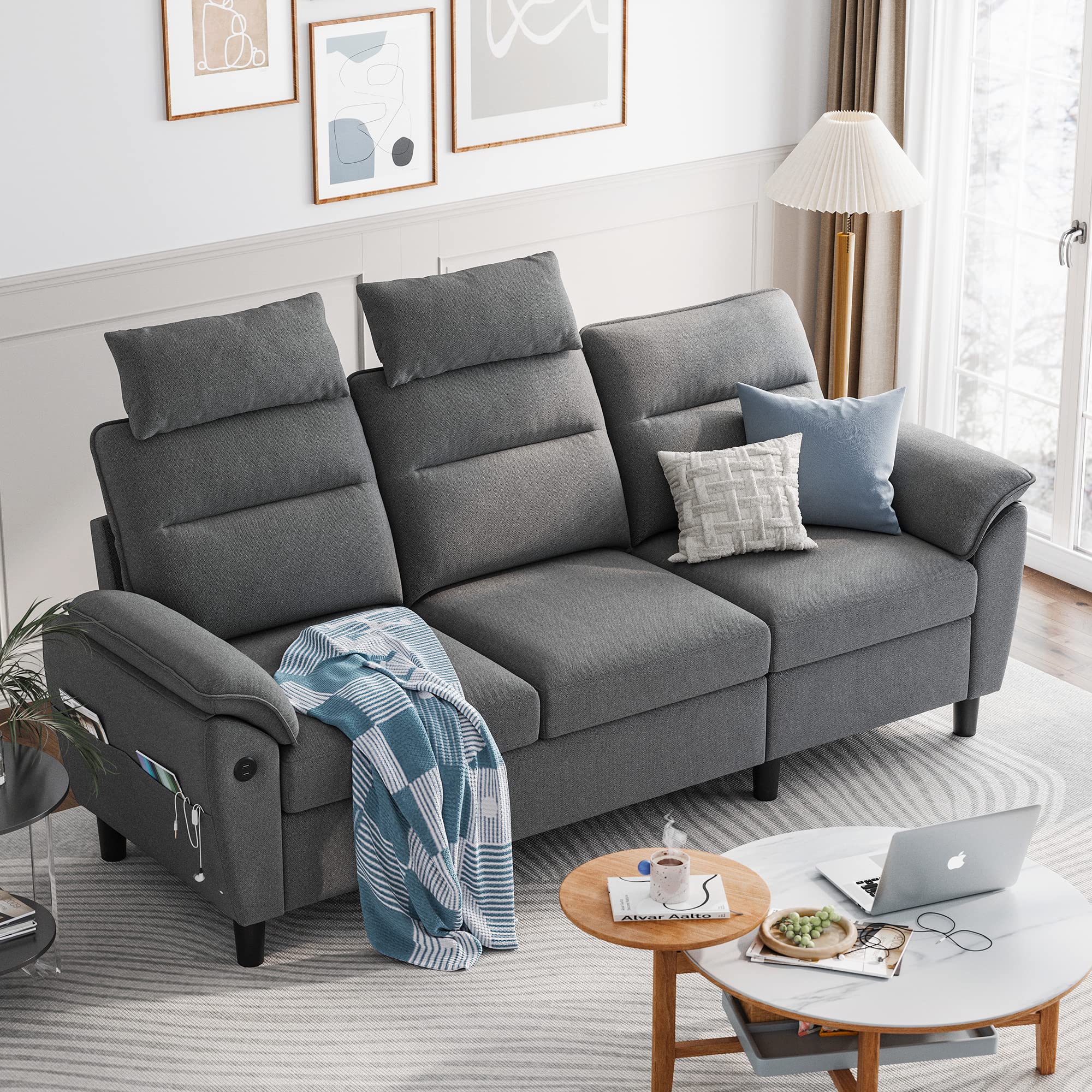 LINSY HOME Sectional Sofa Couch, 3 Seat Small Couch with 2 USB Ports and Storage Pockets, Easy to Clean, Modern Small Sofa for Small Spaces, Living Room, Apartment, Dark Gray