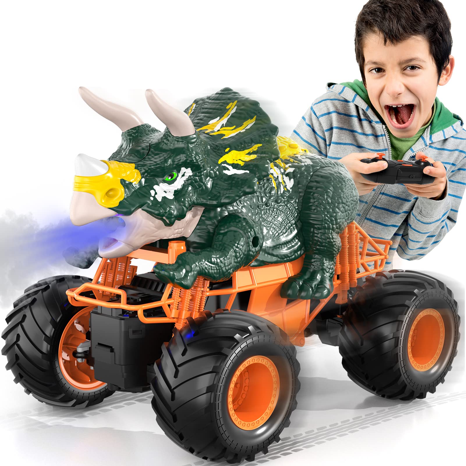 Bennol Remote Control Dinosaur Car for Boys Kids, 2.4Ghz RC Dinosaur Truck Toys for Toddlers, Electric Hobby RC Car Toys Triceratops with Light & Sound Spray for 3 4 5 6 7 8 Year olds Kids Boys Girls