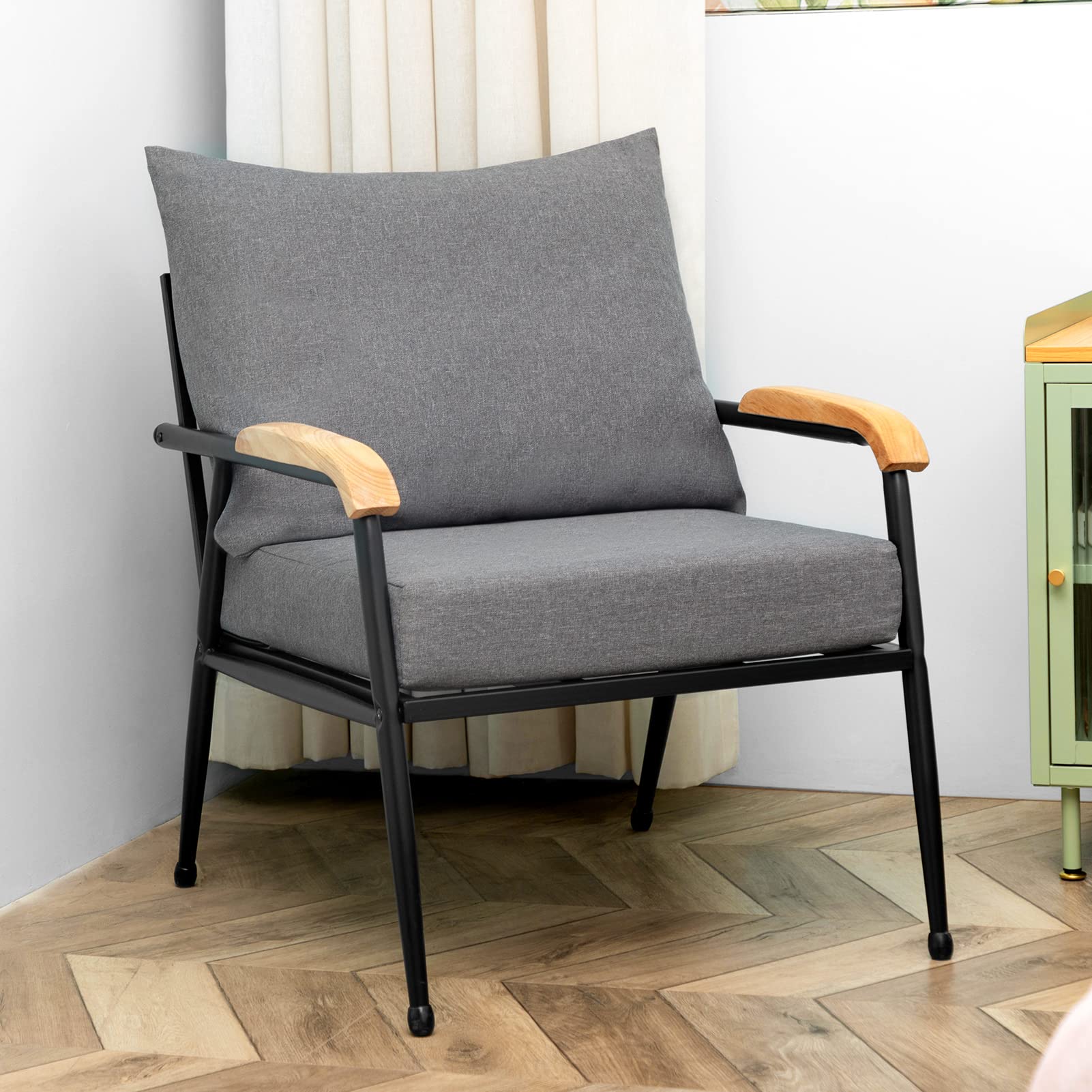 HollyHOME Modern Cotton Fabric Lazy Chair, Accent Metal Frame Armchair with Thick Padded Back and Cushion, Upholstered Single Sofa Lounge Seat, Leisure Reading Chair for Living Room, Bedroom, Grey