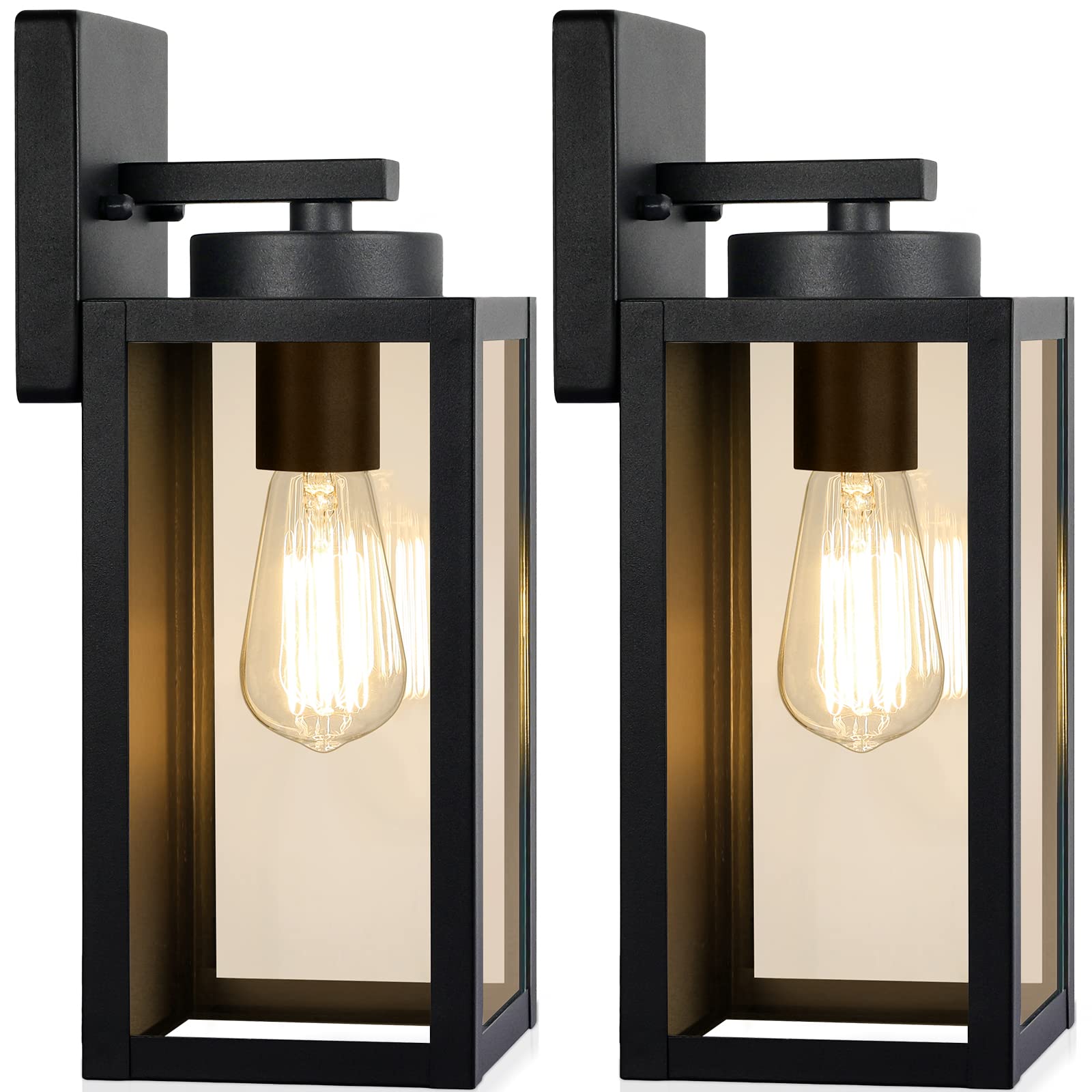 Outdoor Wall Light Fixtures, Exterior Waterproof Wall Lanterns, Porch Sconces Wall Mounted Lighting with E26 Sockets & Glass Shades, Modern Matte Black Wall Lamps for Patio Front Door Entryway, 2-Pack