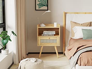          SUPERJARE Rattan Nightstands Set of 2, Boho End Table with Rattan-Decorated Drawer, Bedside Table with Storage Shelf, Narrow Side Table, Solid Wood Feet, for Bedroom, Natural        