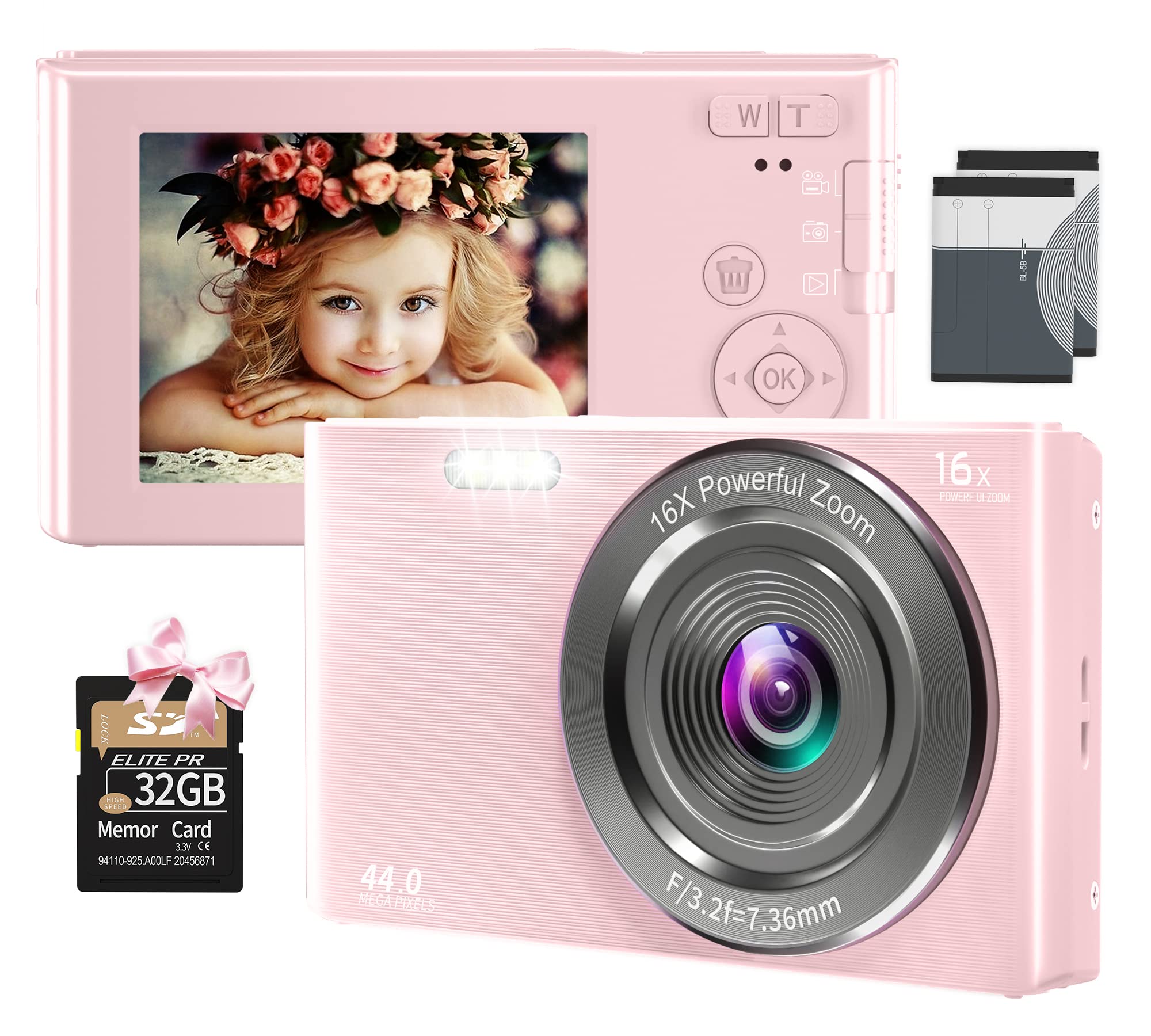 UIKICON Digital Camera,FHD 1080P Kids Camera Video Camera with 32GB SD Card 16X Digital Zoom, Compact Point and Shoot Camera Portable Small Camera for Teens Students Boys Girls-Pink