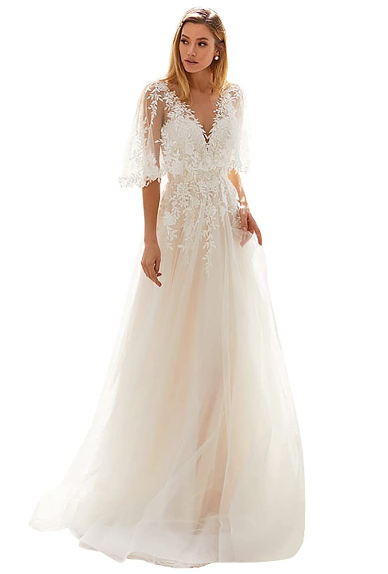 Women's Beach Spaghetti Strap Wedding Dresses for Bride 2023 Boho Long Lace Bridal Gowns for Wedding YMS041