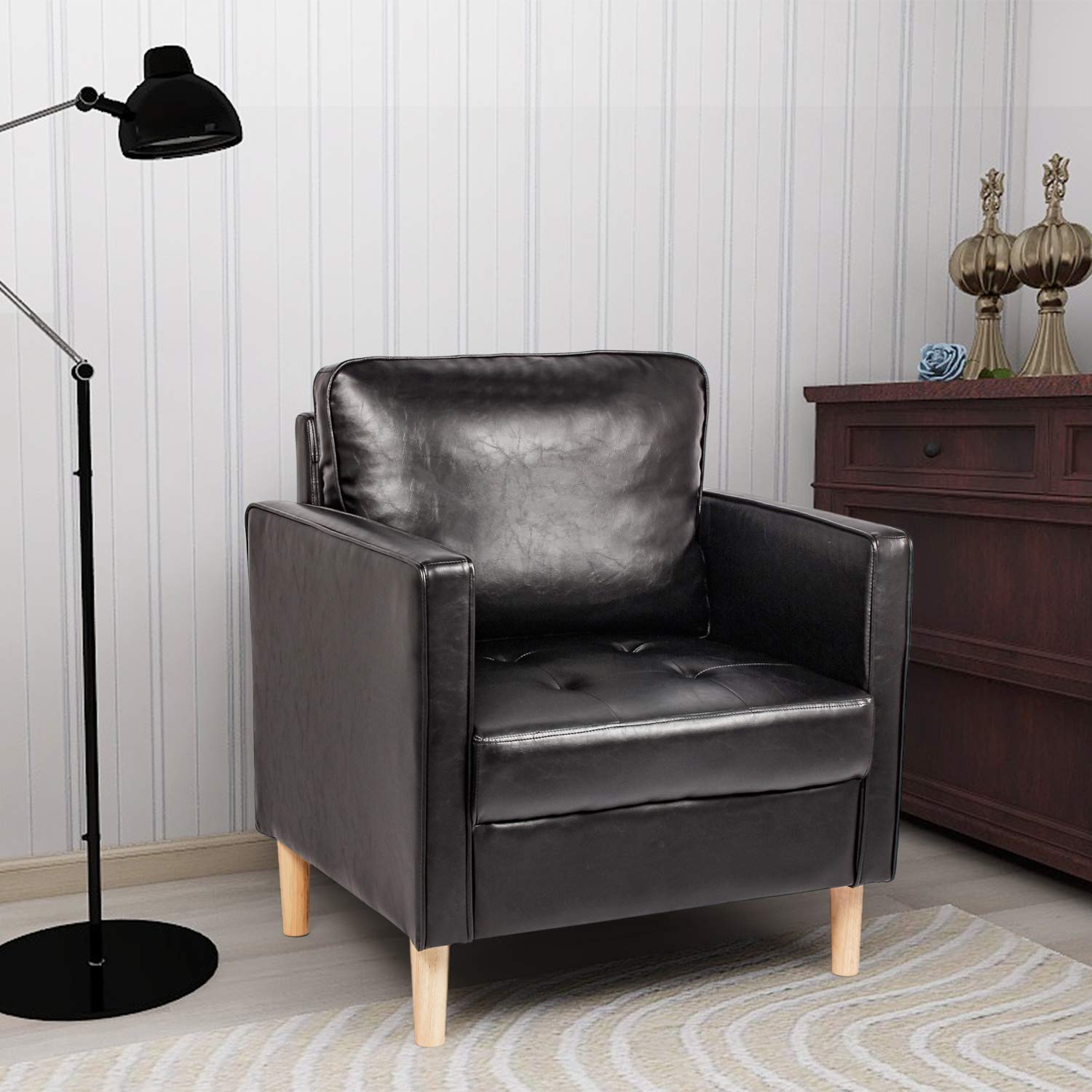 YDF 29.1" L Modern Accent Chair with Arms Armchair Faux Leather Comfy Single Futon Sofa Living Room Small Space Office Chairs Black