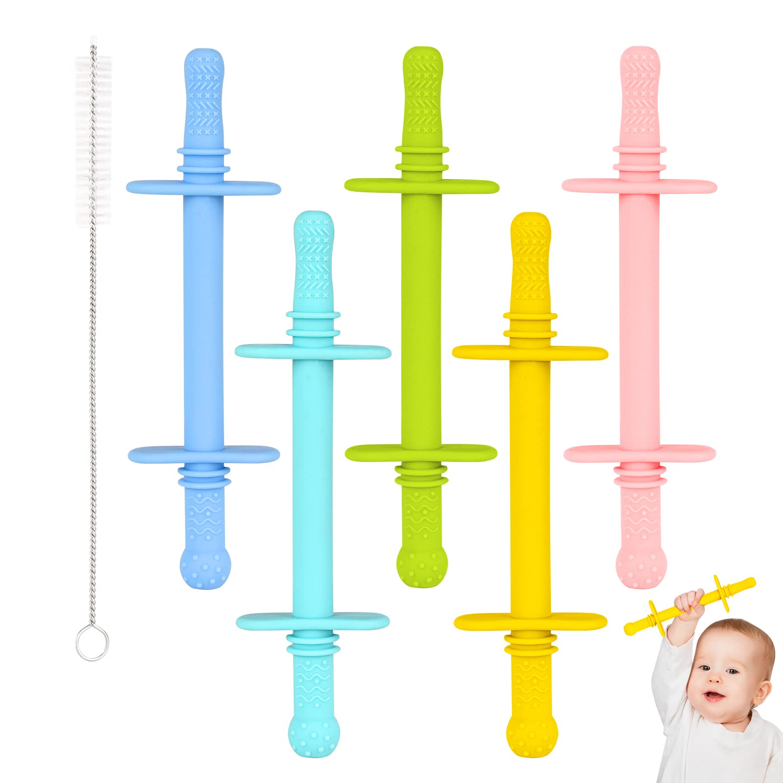 Fu Store Hollow Teether Tube with Safety Shield, 5 Pack Chew Straw Toy for Infant Toddlers Silicone Teething Toys for Babies 3-12 Months BPA Free/ Freezable/ Dishwasher and Refrigerator Safe